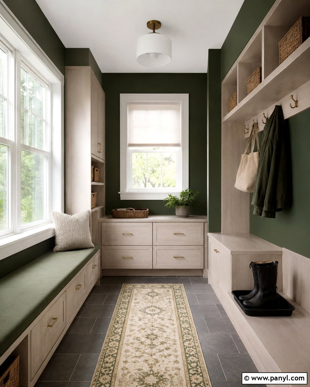 Dark Green Mudroom With White Windows - 20 Dark Walls With White Windows