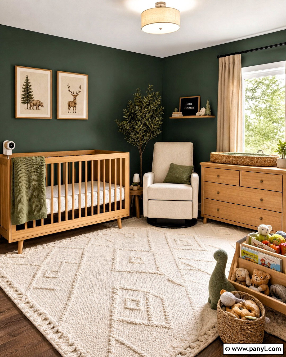 Dark Green Nursery With Natural Wood - 20 dark green interior design ideas