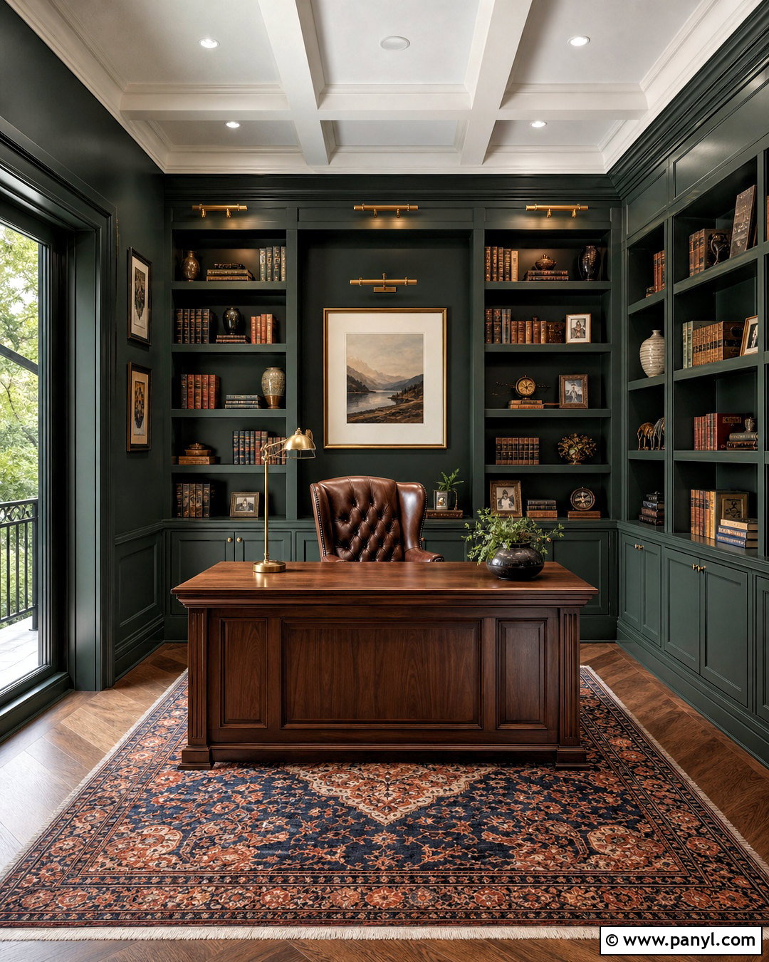 Dark Green Office Walls With Built-In Shelves - 20 dark green office walls