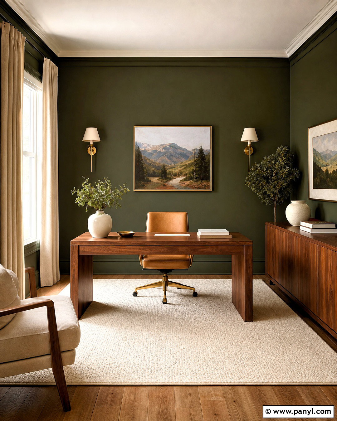 Dark Green Office Walls With Walnut Furniture - 20 dark green office walls