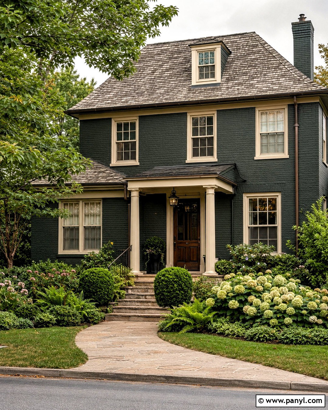 Dark Green Painted Brick With Cream Windows - 20 dark painted brick exterior ideas
