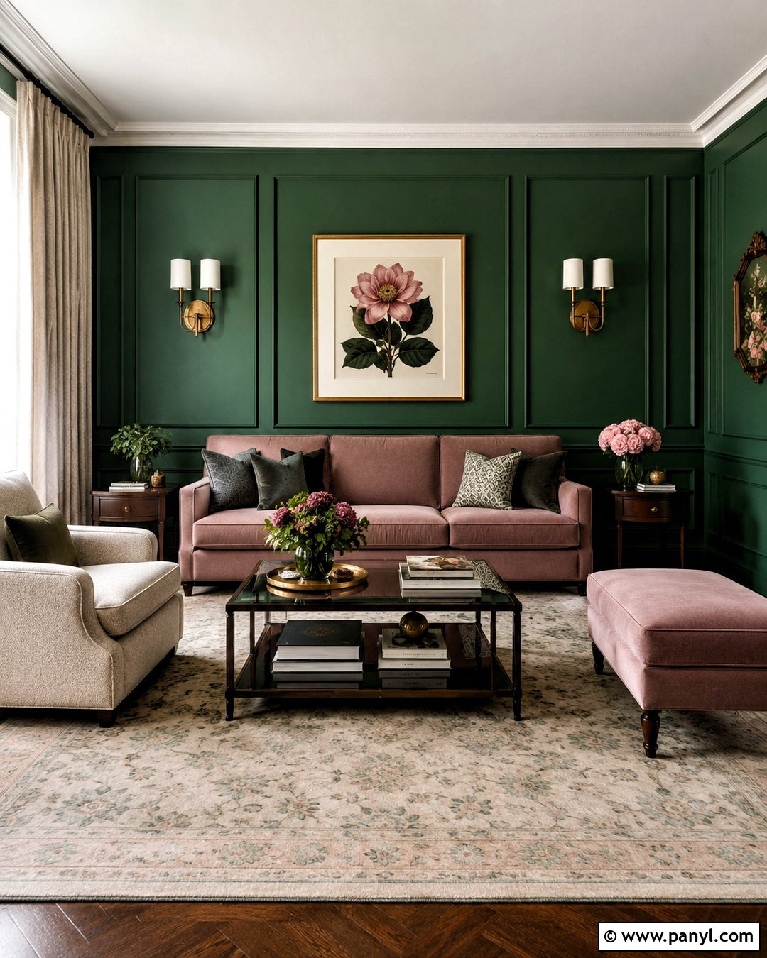 Dark Green Paneling With Dusty Pink Seating - 20 dark green and pink living room ideas