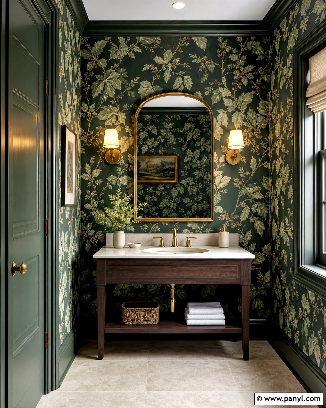 Dark Green Powder Room With Botanical Wallpaper - 20 dark green powder room ideas
