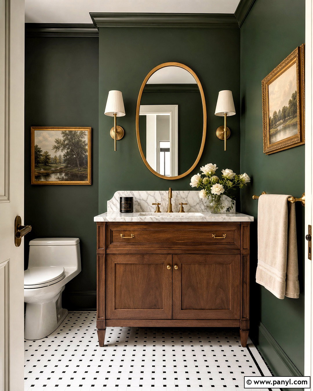 Dark Green Powder Room With Brass Fixtures - 20 dark green powder room ideas