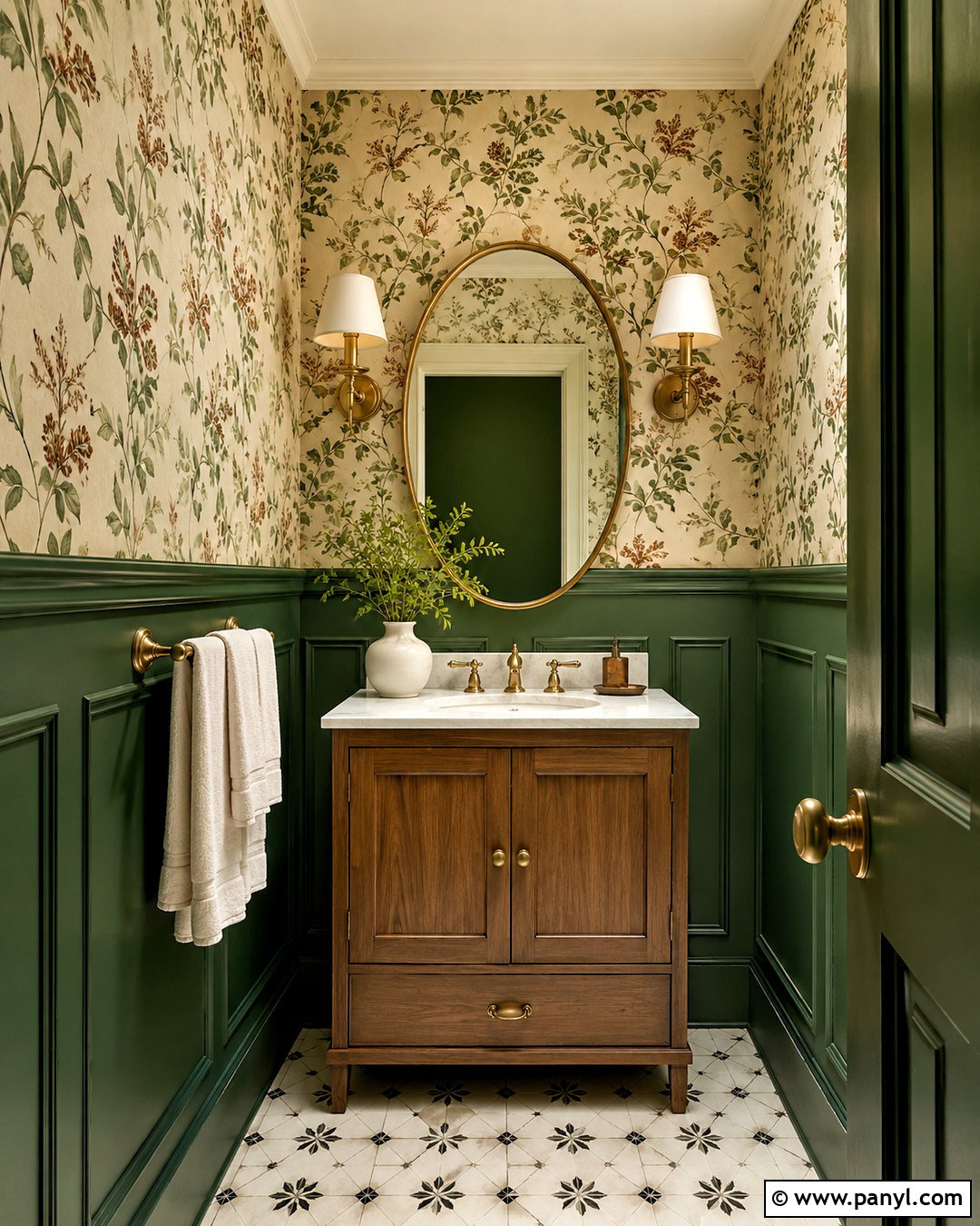 Dark Green Powder Room With Floral Wallpaper - 20 dark green decor ideas