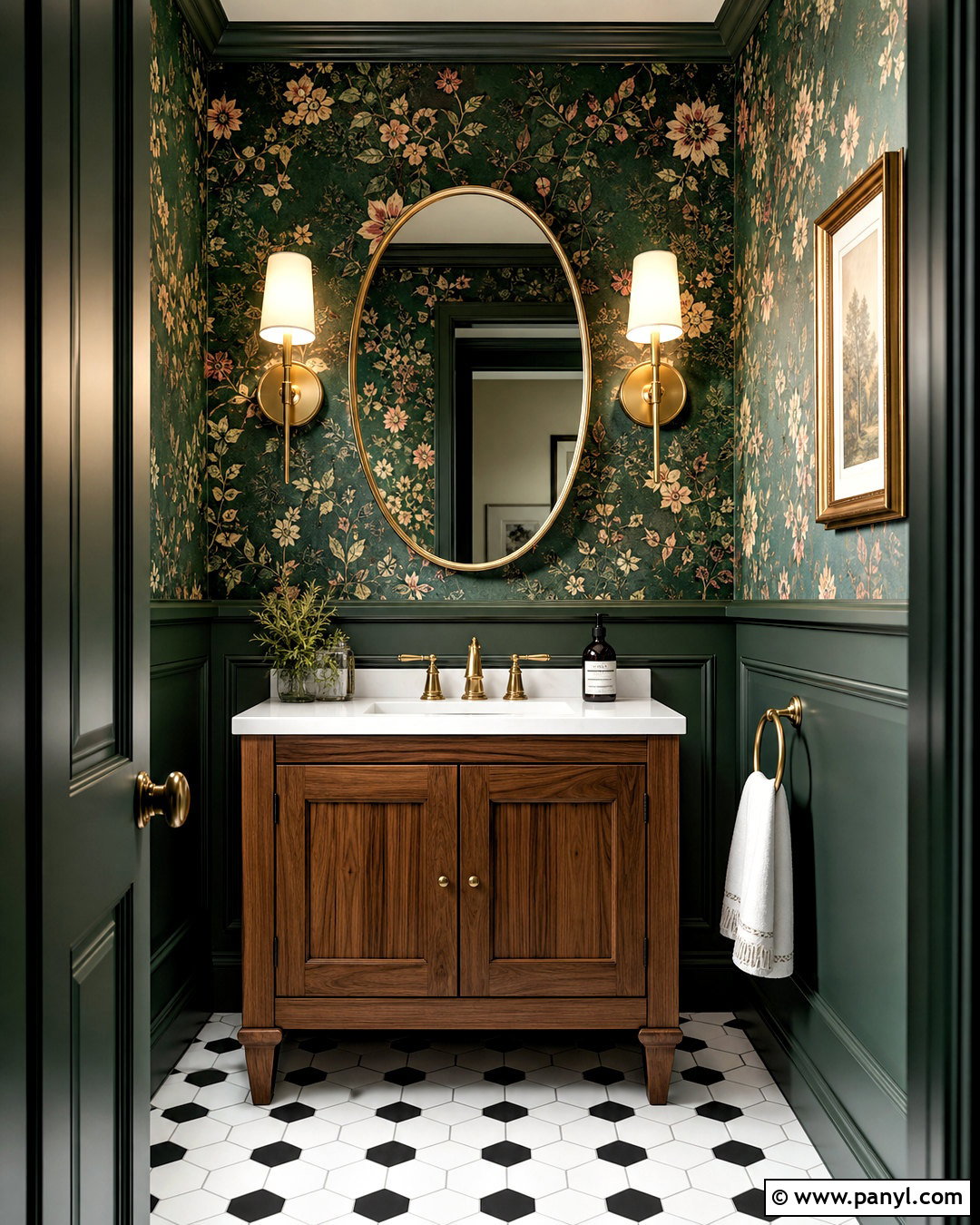 Dark Green Powder Room With Floral Wallpaper - 20 dark green interior design ideas