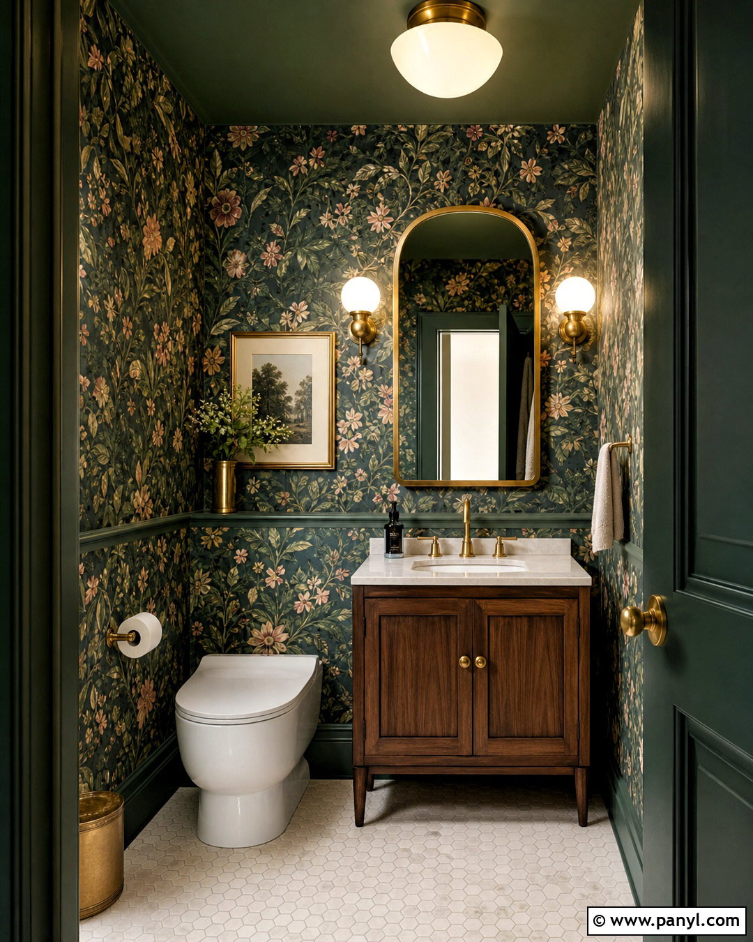 Dark Green Powder Room With Floral Wallpaper - 20 dark green interior ideas