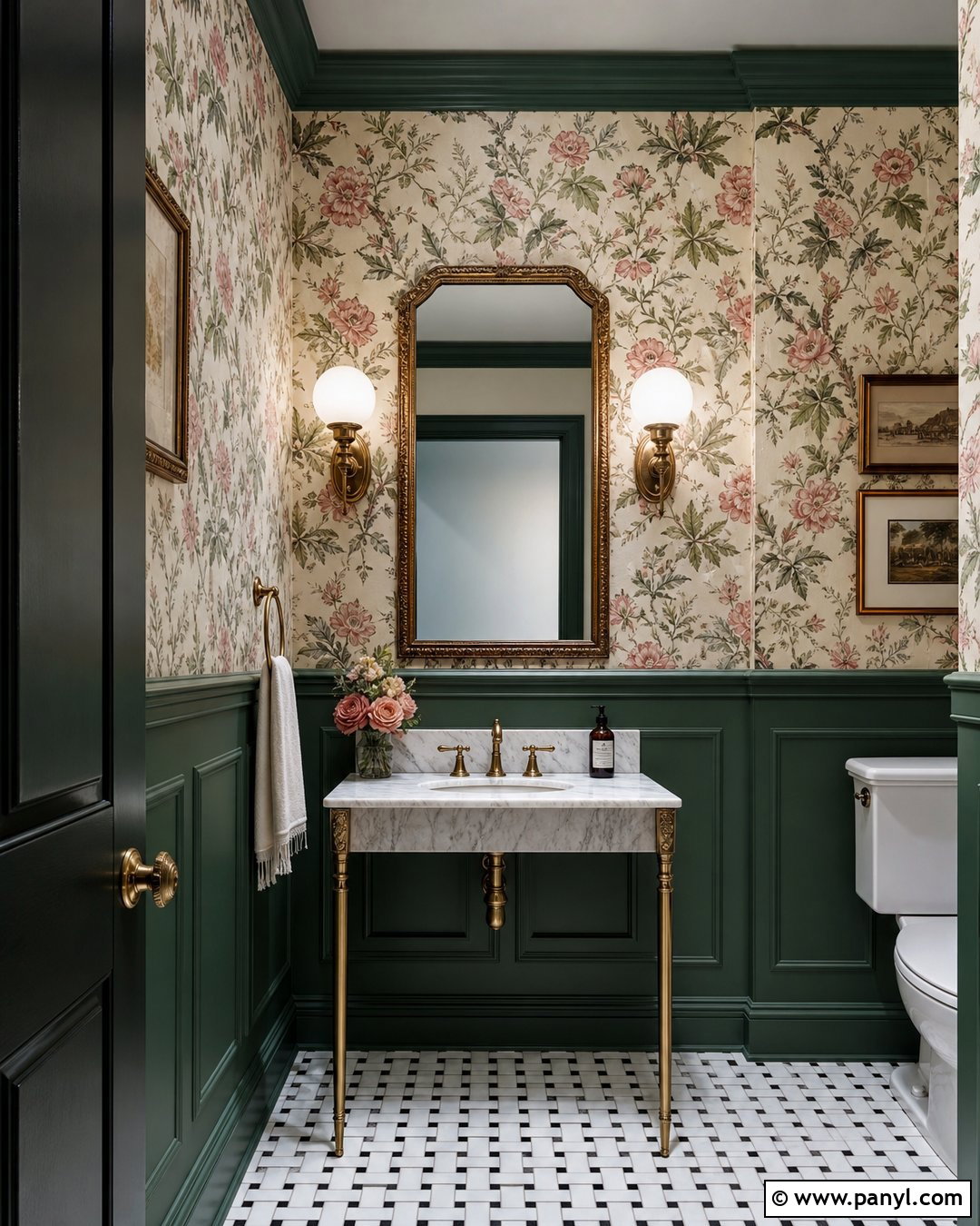 Dark Green Powder Room With Floral Wallpaper - 30 dark green wall color ideas