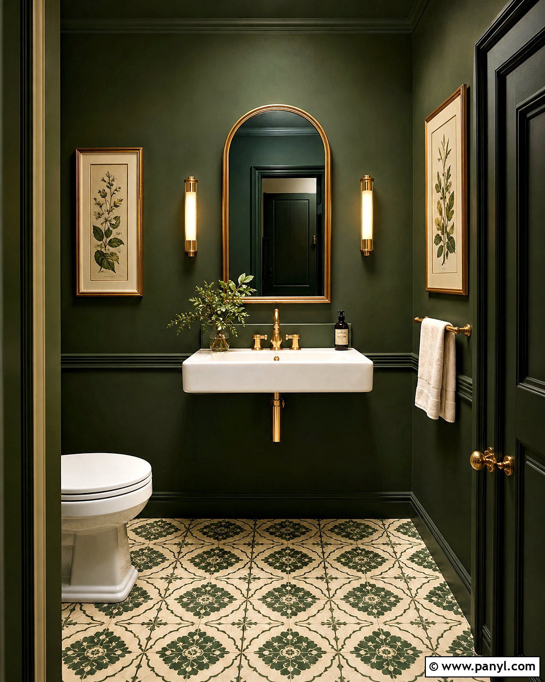 Dark Green Powder Room With Gold Decor - 20 dark green and gold bathroom ideas