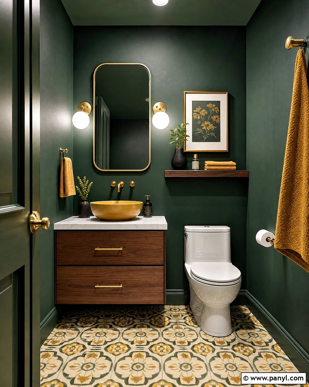 Dark Green Powder Room With Golden Yellow Decor - 20 green and yellow bathroom ideas