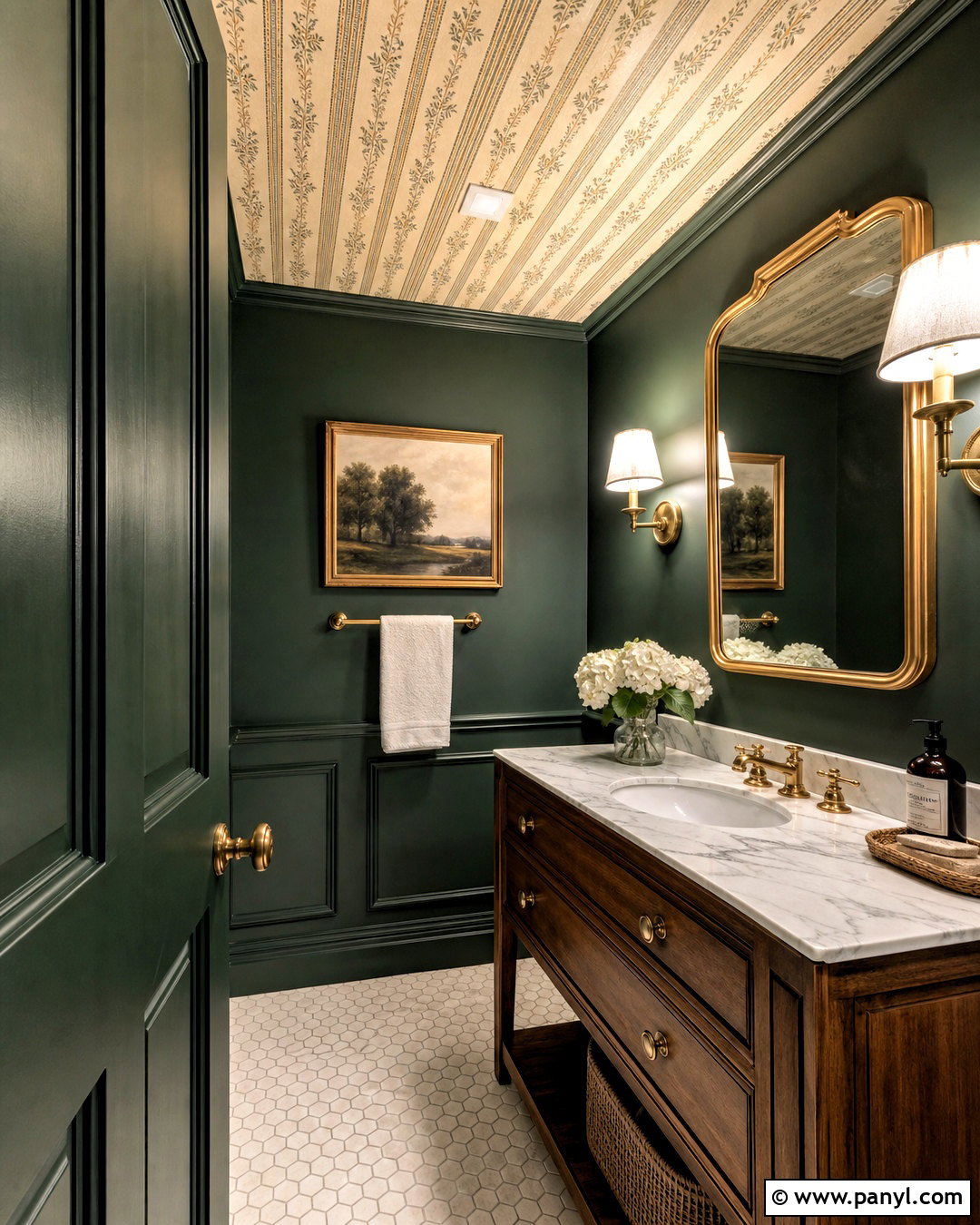 Dark Green Powder Room With Wallpaper Ceiling - 20 dark green powder room ideas