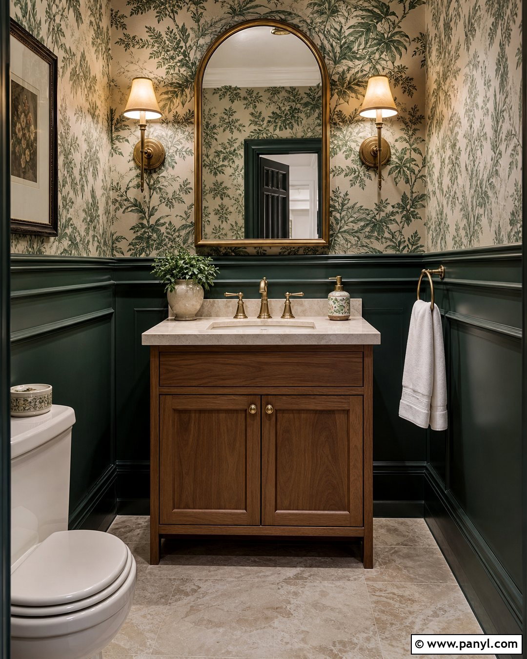 Dark Green Powder Room With Wallpaper - 45 dark green walls