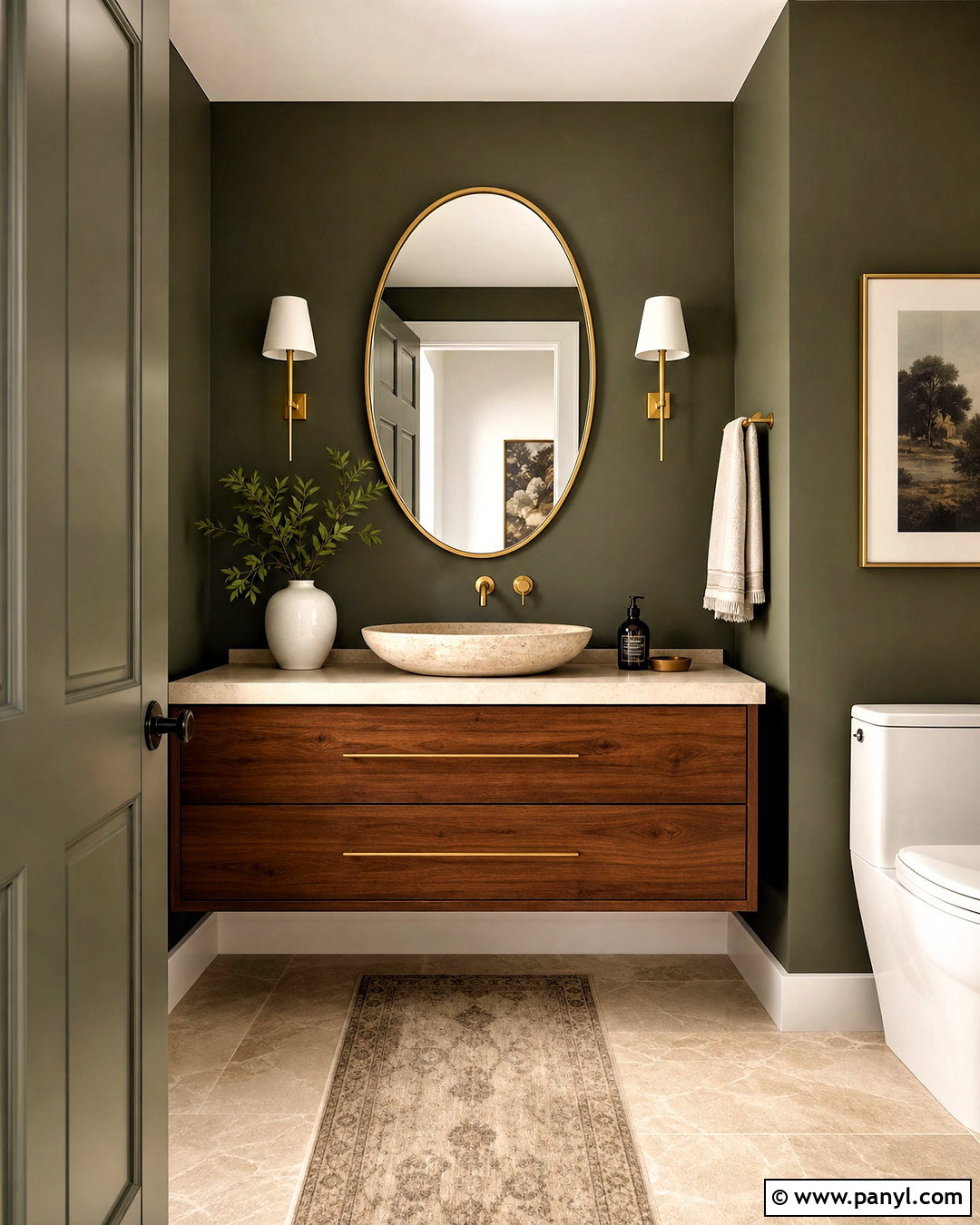 Dark Green Powder Room With Walnut Vanity - 20 dark green powder room ideas