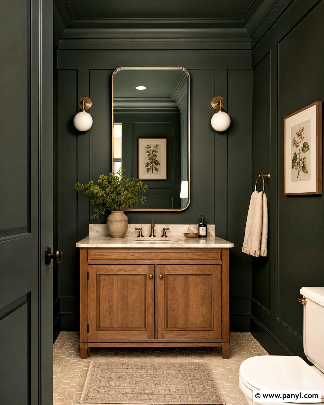 Dark Green Powder Room With Wood Vanity - 20 dark powder room ideas
