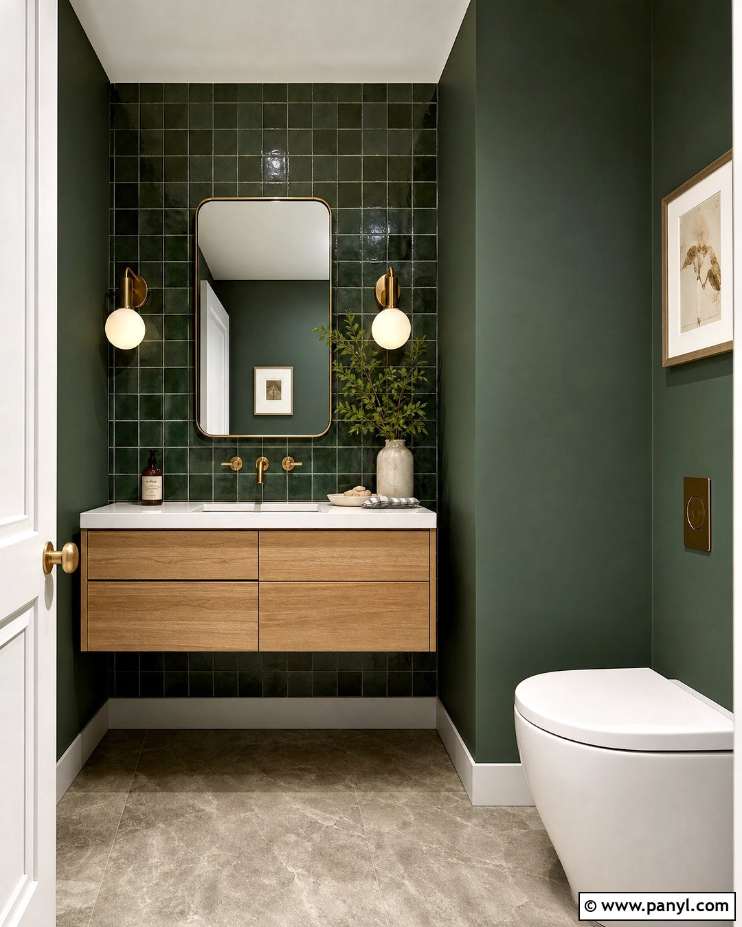 Dark Green Powder Room With Zellige Tile - 20 dark green powder room ideas