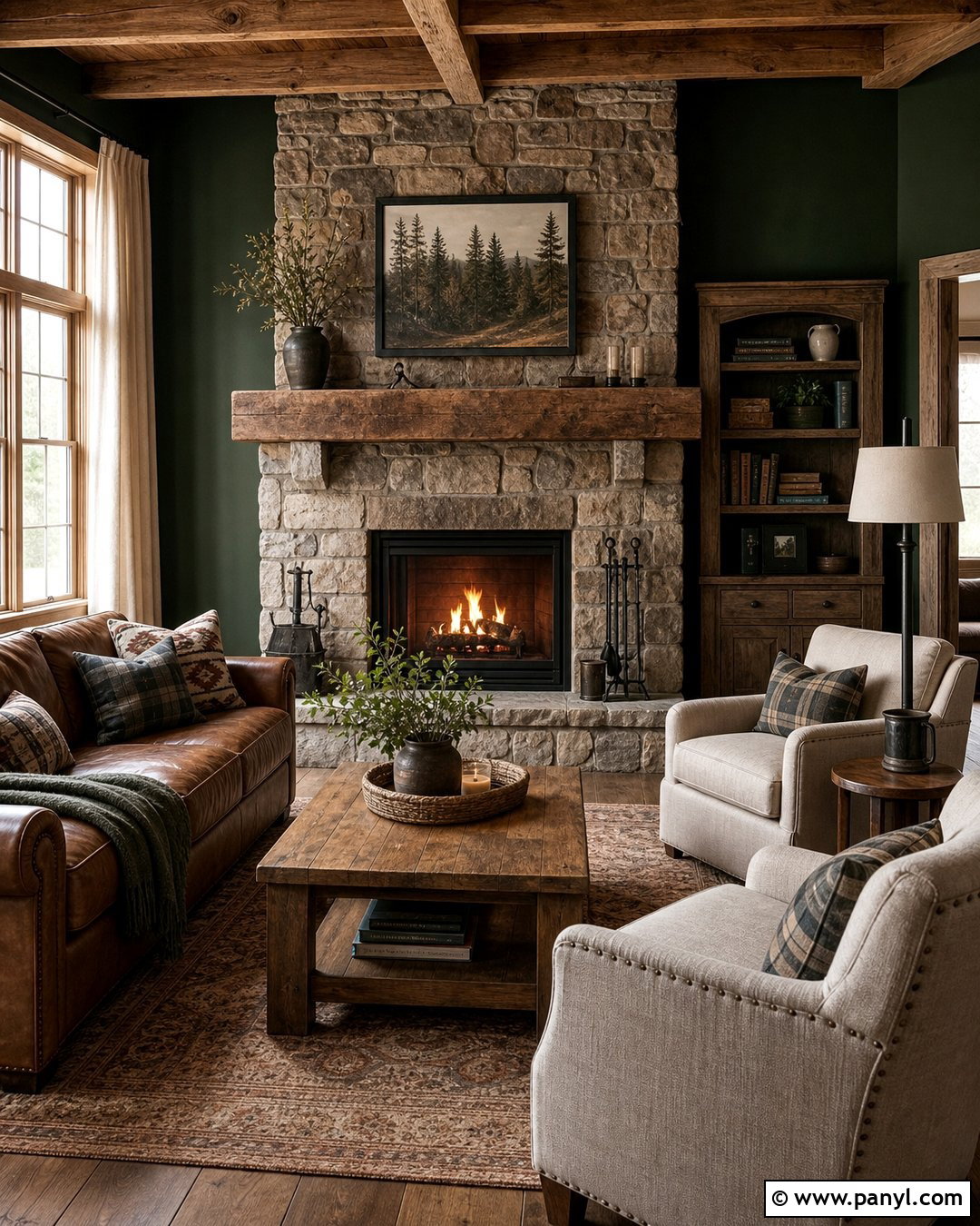 Dark Green Rustic Fireplace Room - 20 Green Wall Rustic Style Ideas