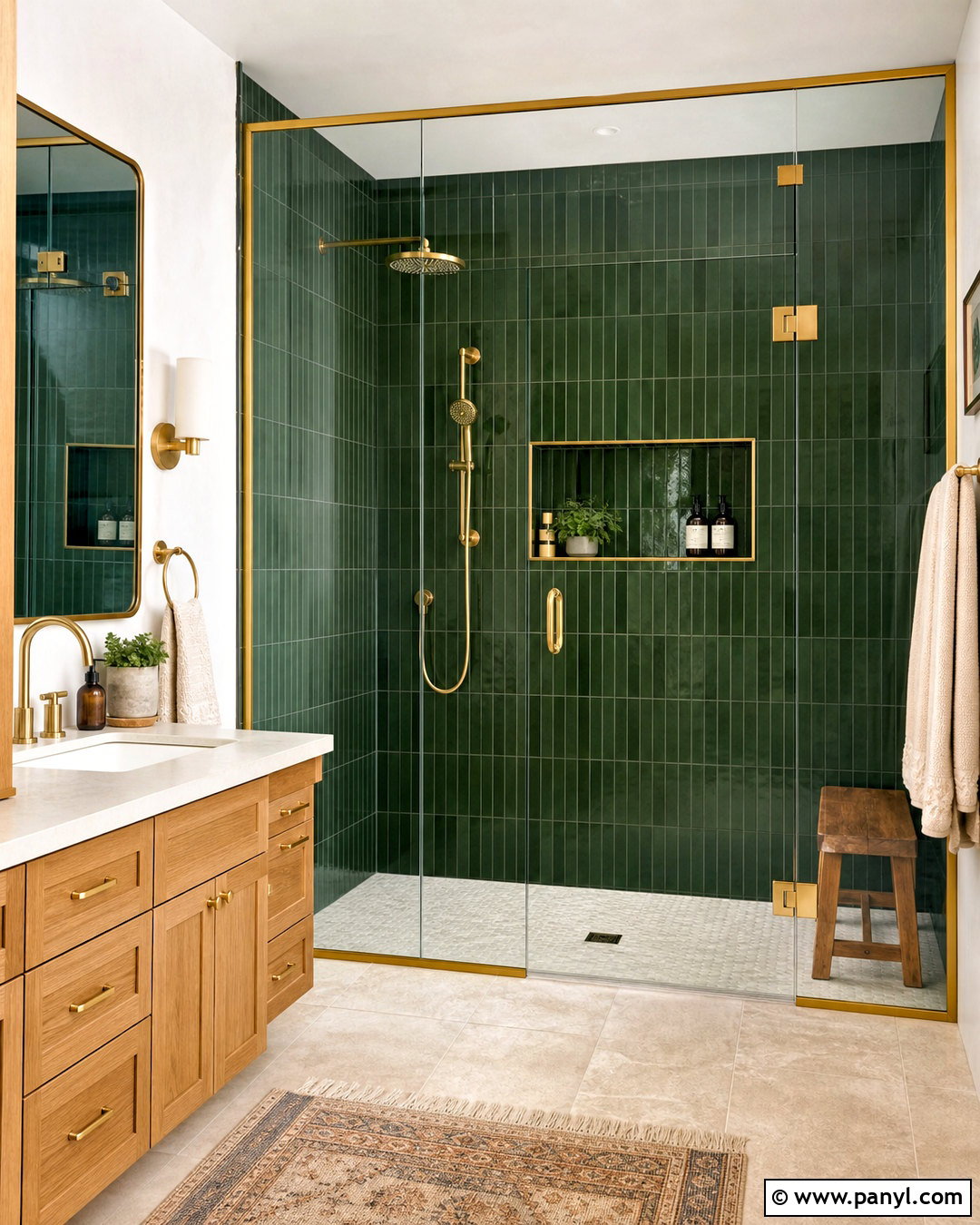 Dark Green Shower Tile With Gold Framing - 20 dark green and gold bathroom ideas