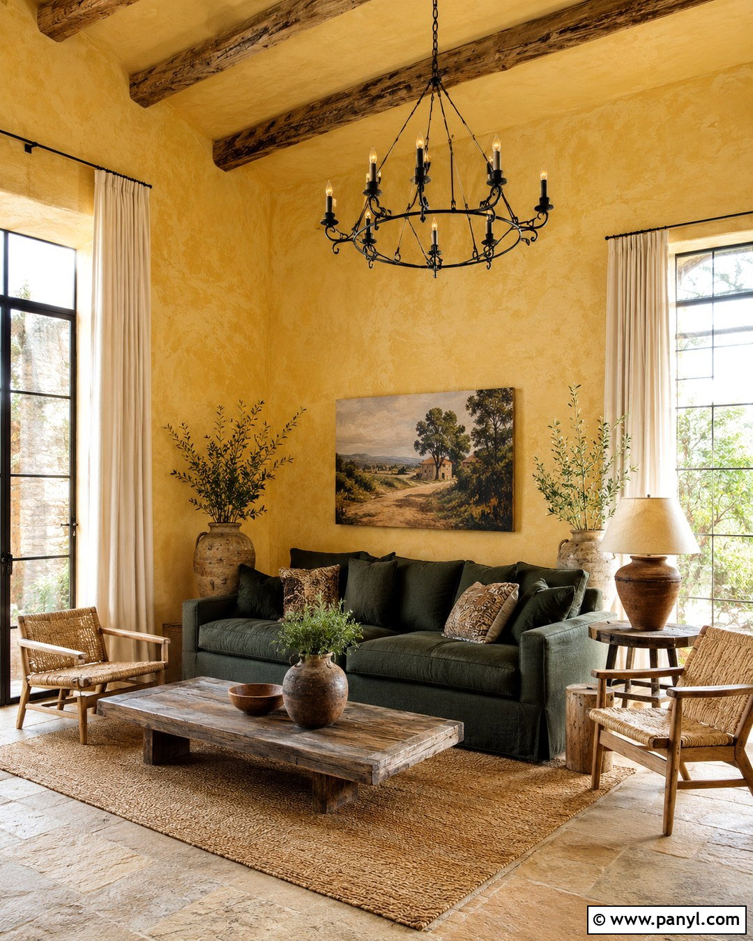 Dark Green Sofa With Yellow Limewash Walls - 20 Green Sofa Yellow Wall Ideas