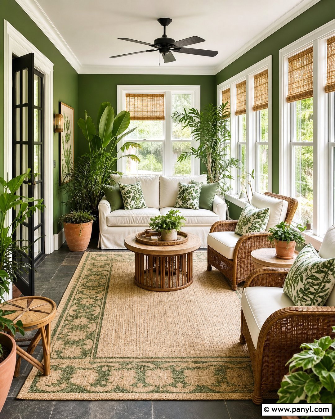 Dark Green Sunroom Wall With Rattan Furniture - 30 dark green wall color ideas