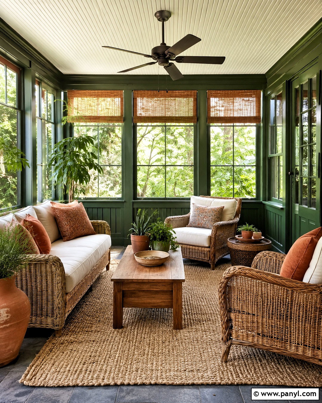 Dark Green Sunroom With Rattan Furniture - 20 dark green decor ideas