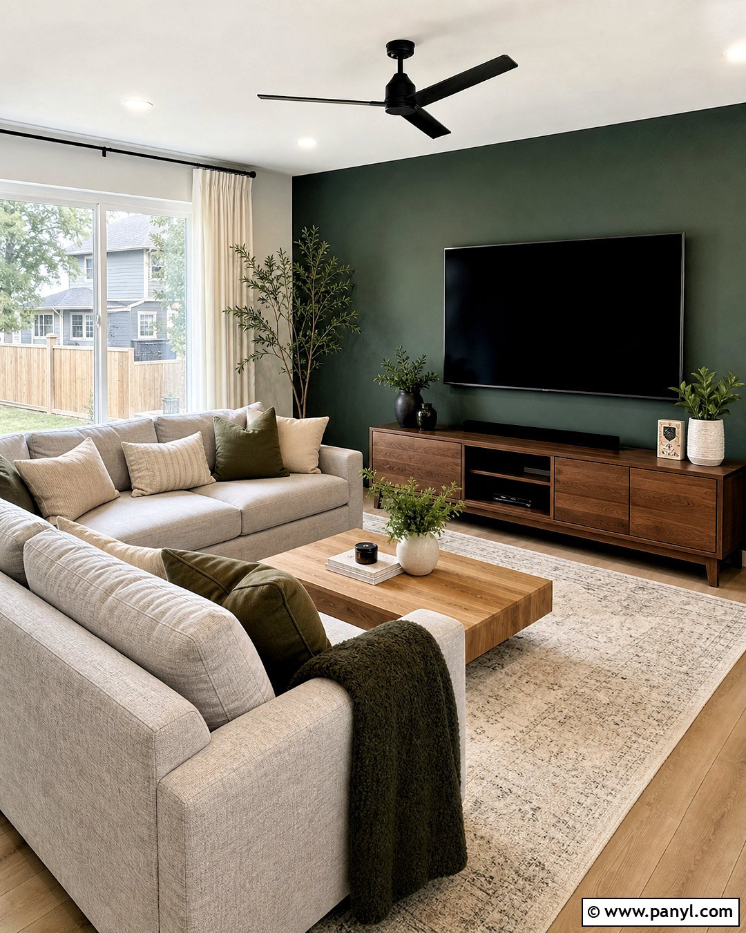 Dark Green TV Accent Wall - 20 green accent wall living room ideas