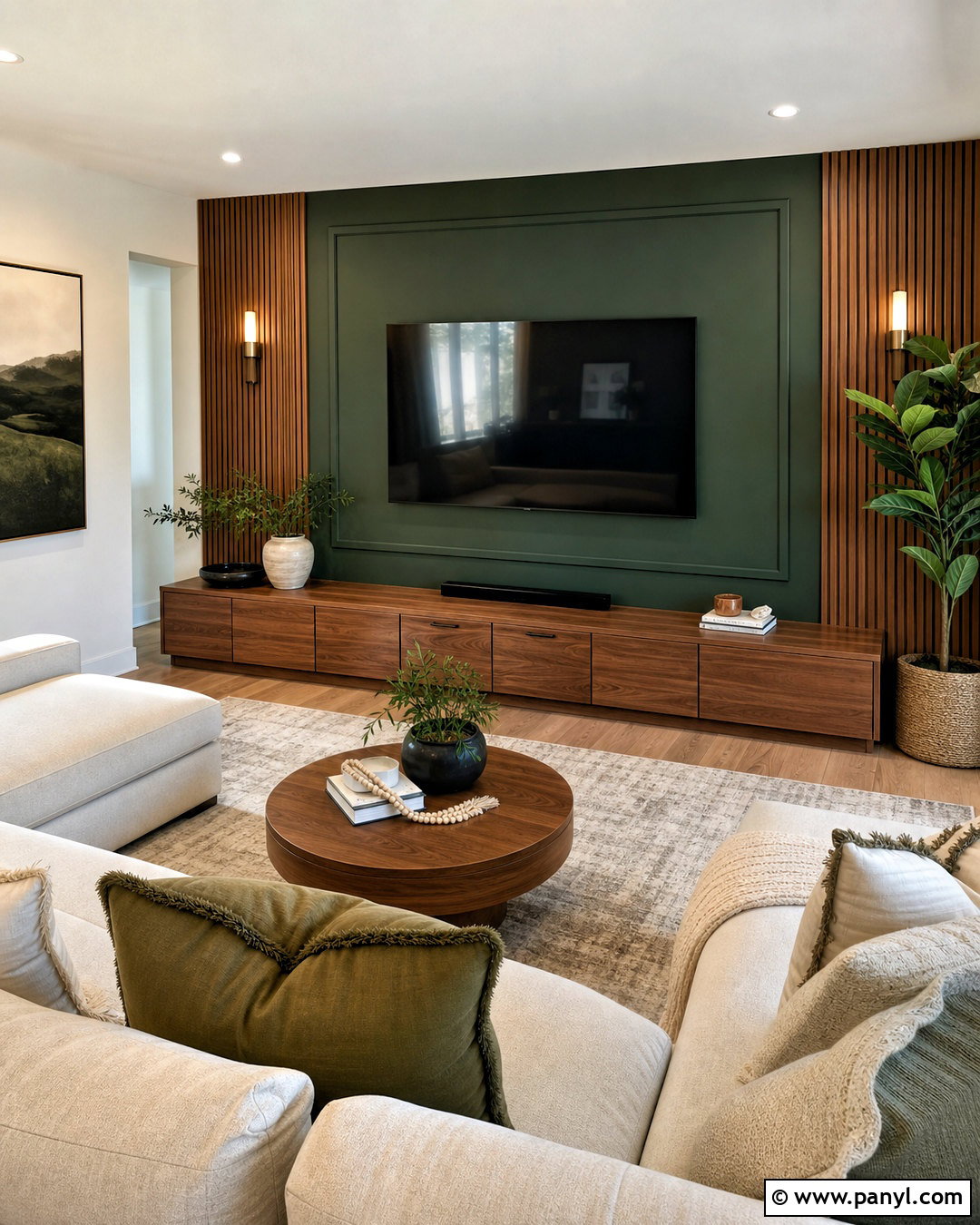 Dark Green TV Wall - 20 green feature wall living room ideas