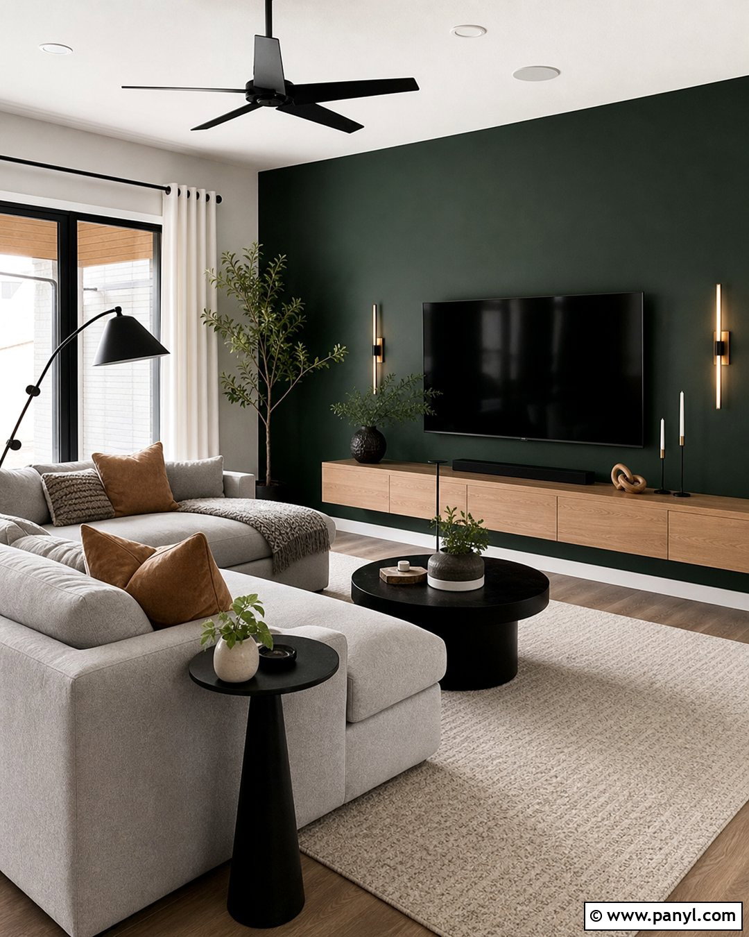 Dark Green TV Wall With Floating Cabinet - 30 dark green wall color ideas