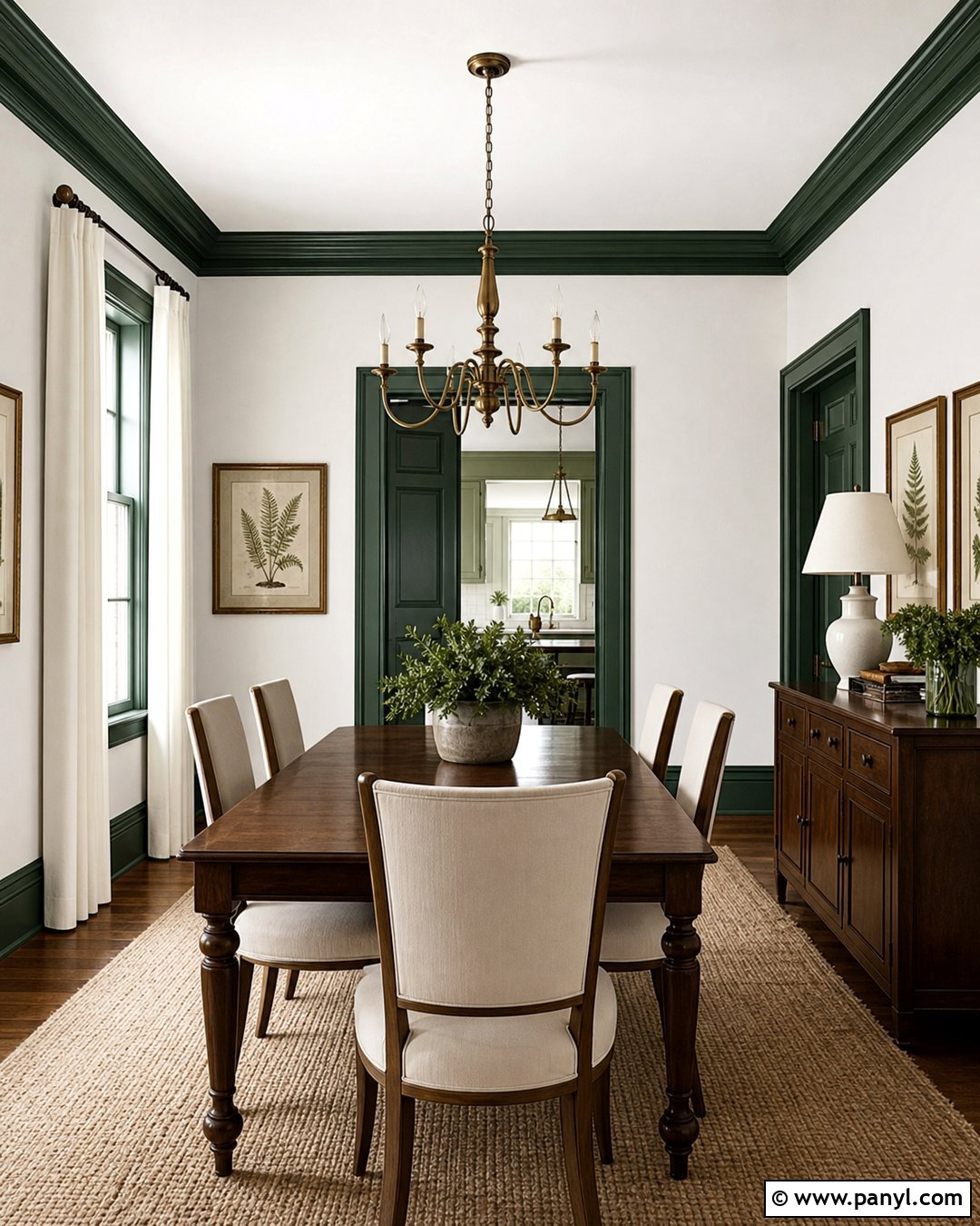 Dark Green Trim Dining Room - 35 green trim white walls