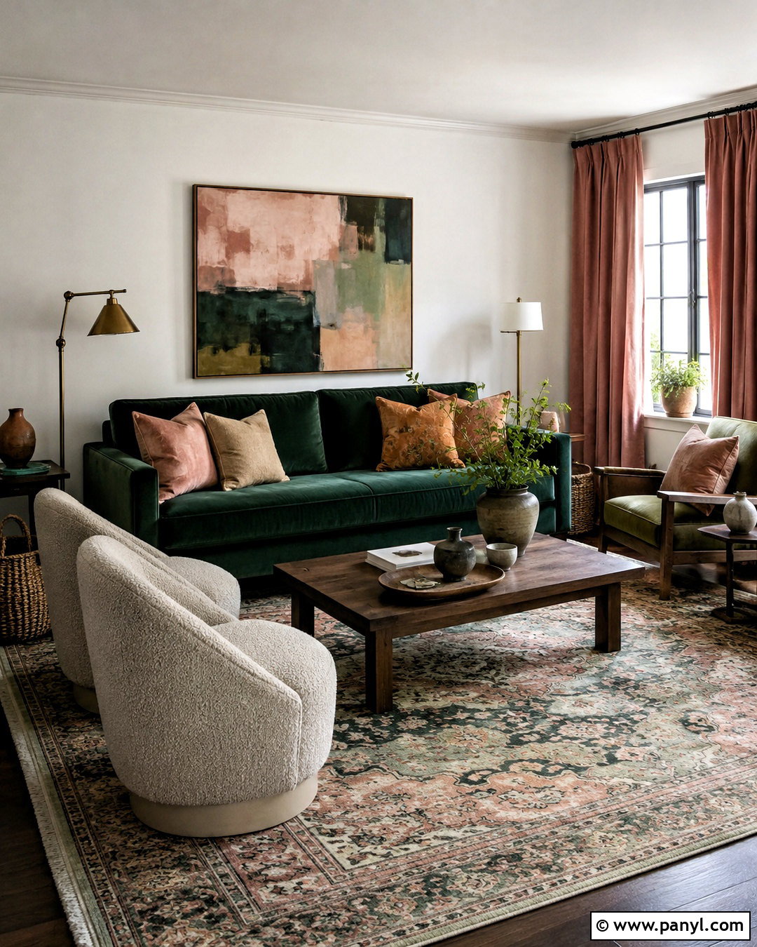 Dark Green Velvet Sofa With Pink Curtains - 20 dark green and pink living room ideas