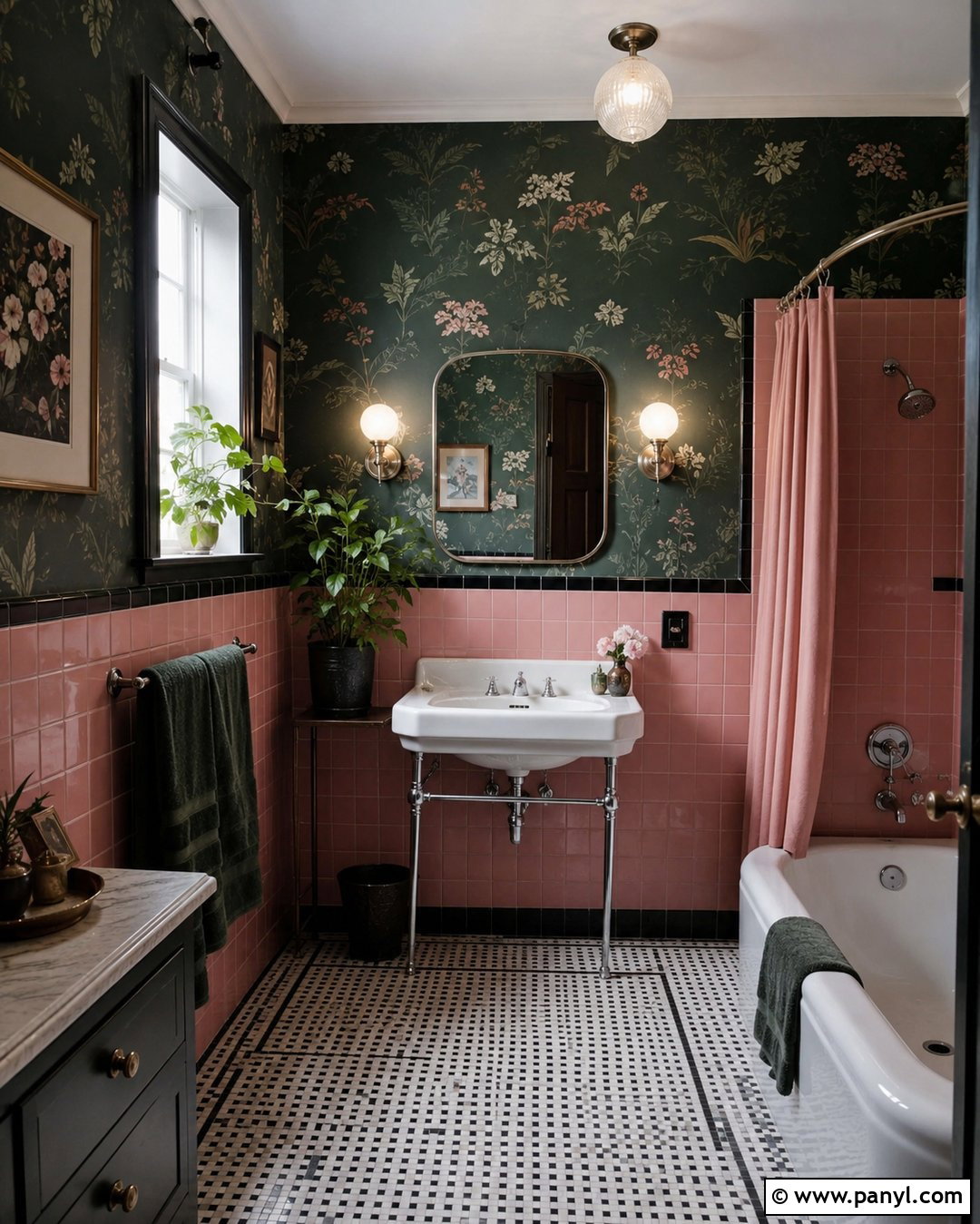 Dark Green Vintage Bathroom With Pink Tile - 20 Vintage Bathroom With Dark Walls