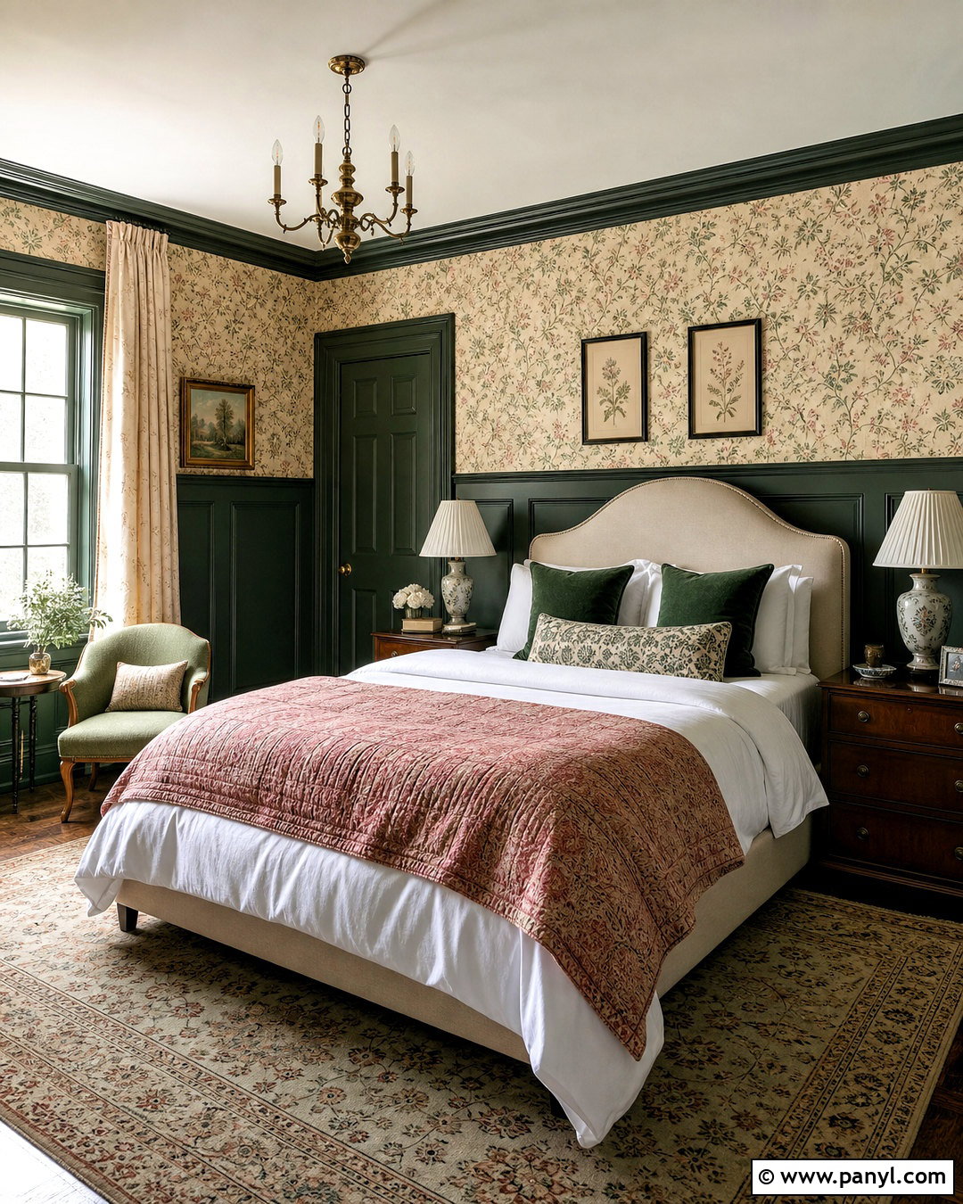 Dark Green Wainscoting With Floral Wallpaper - 20 dark green accent wall bedroom ideas