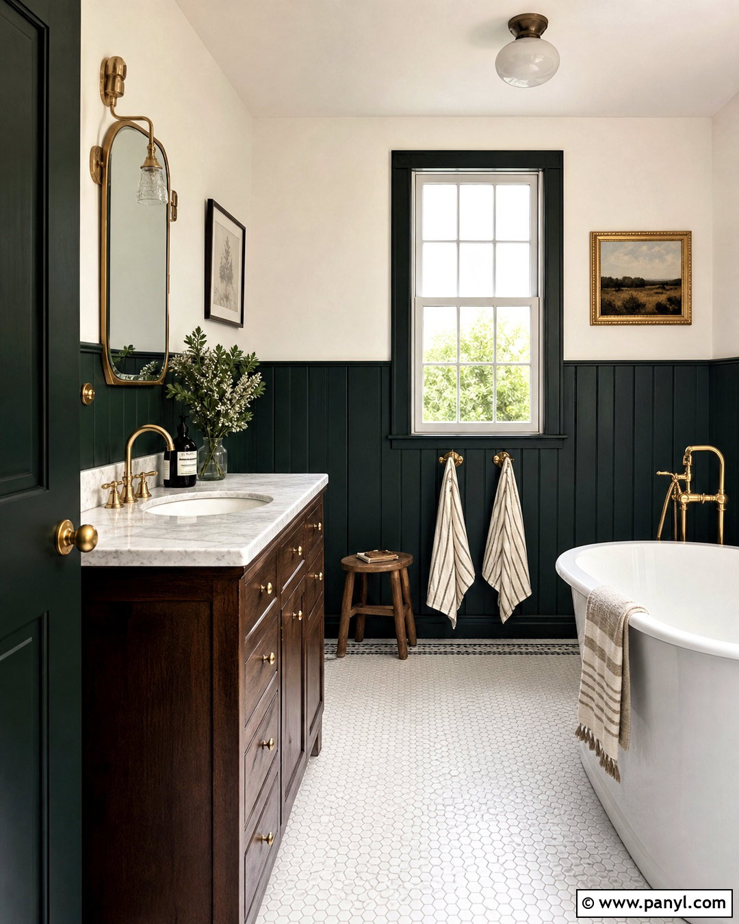 Dark Green Wainscoting With Gold Bathroom Details - 20 dark green and gold bathroom ideas