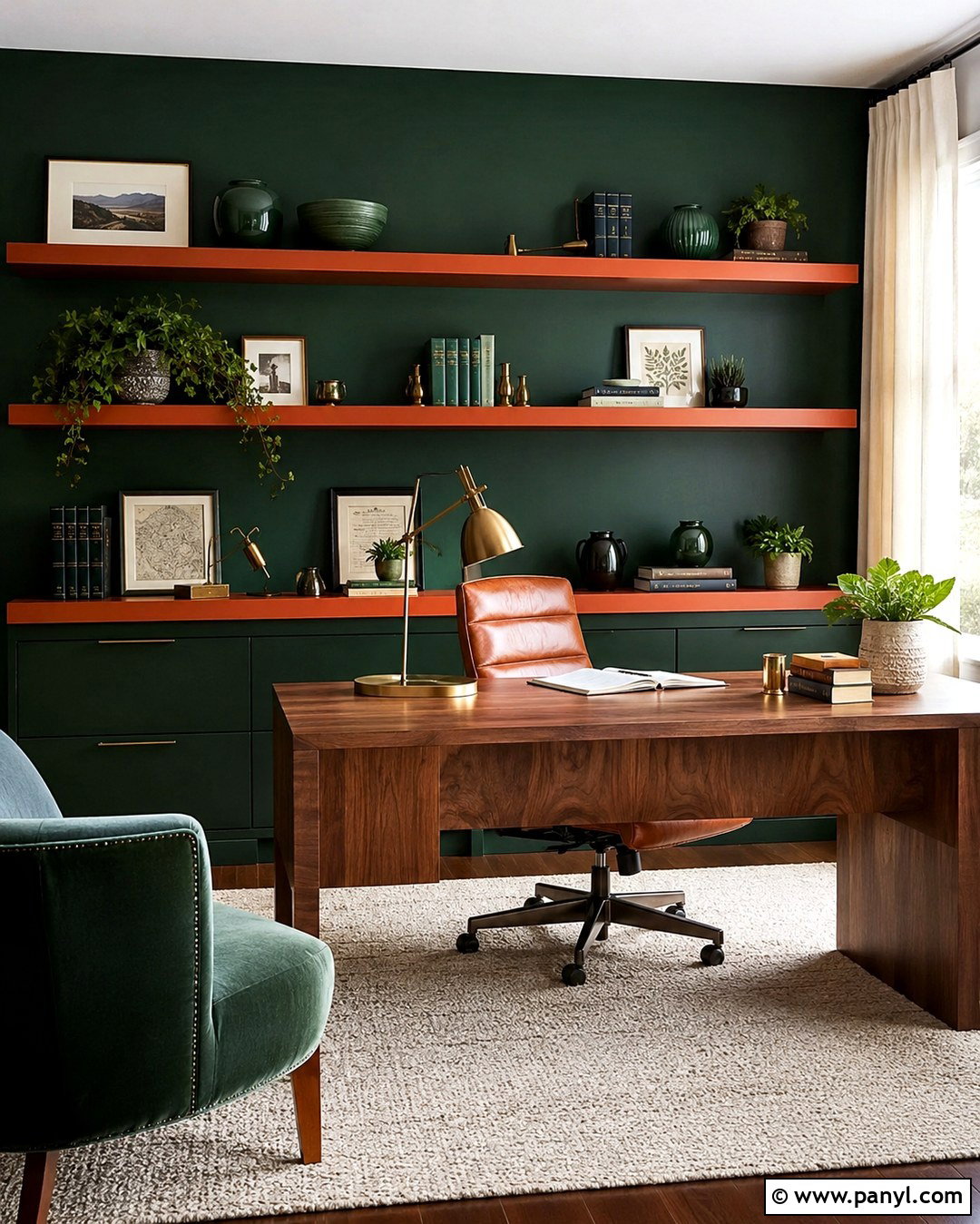 Dark Green Wall With Orange Shelves - 20 Orange And Green Accent Wall Ideas