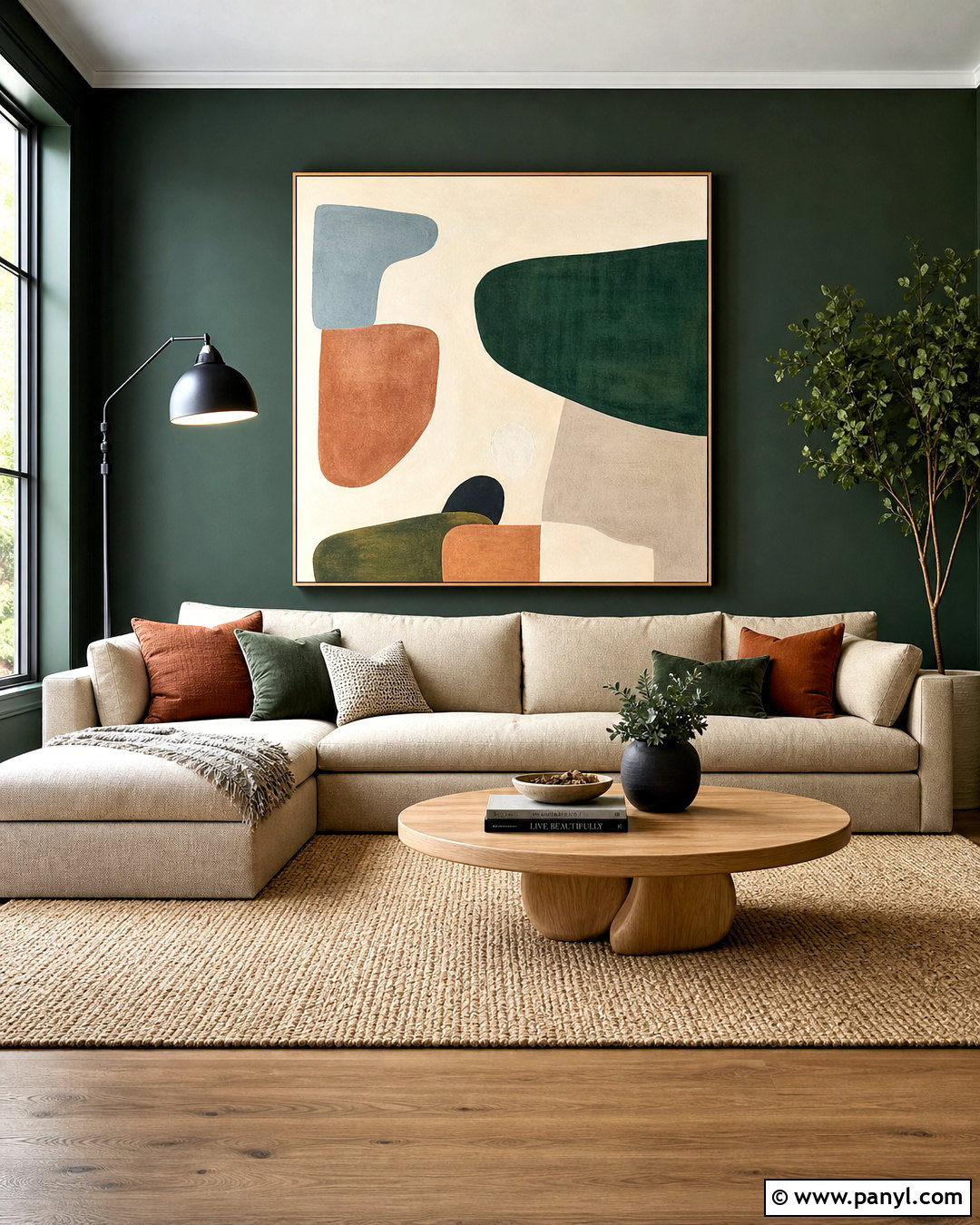 Dark Green Wall With Oversized Abstract Art - 20 green wall decor ideas