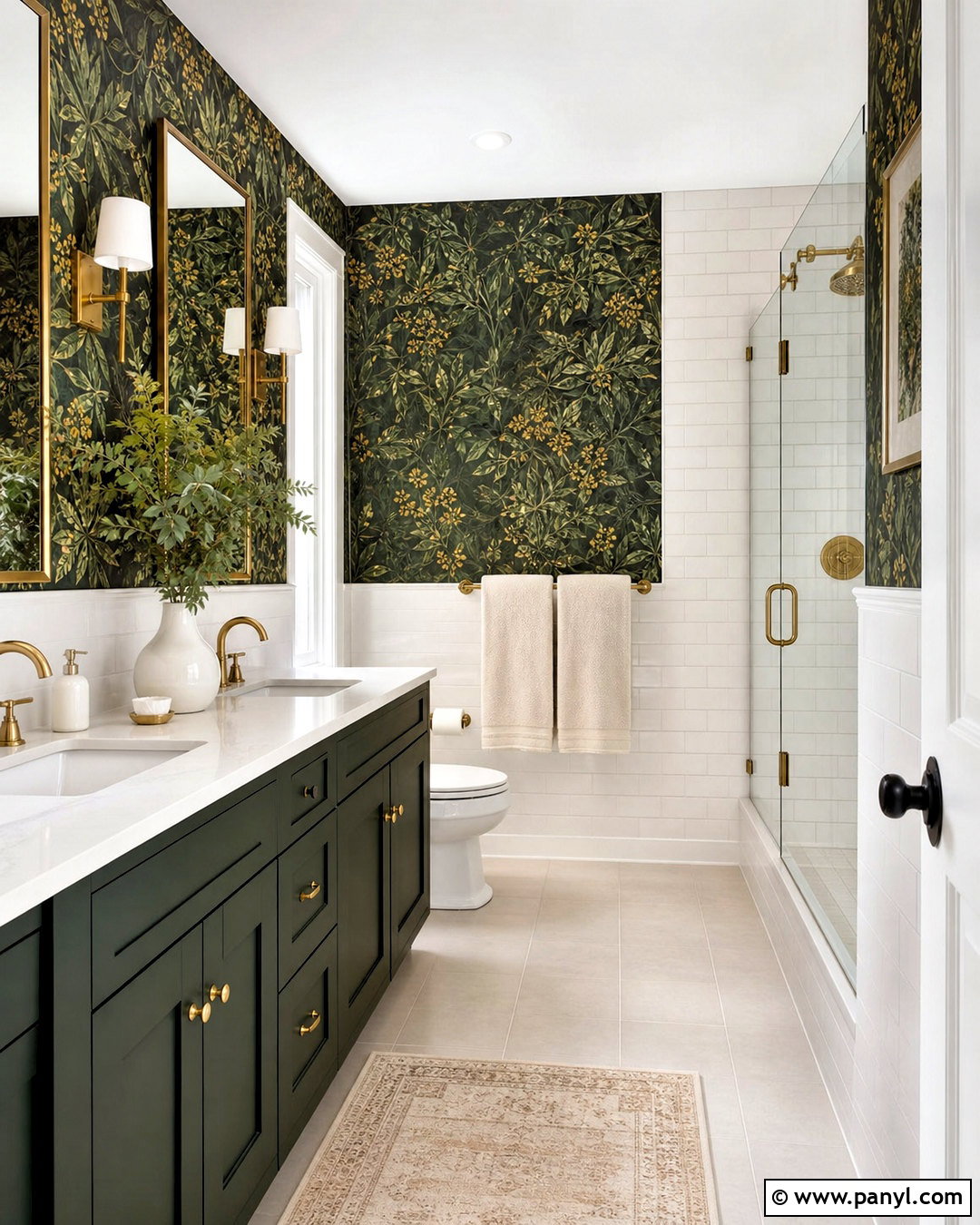 Dark Green Wallpaper Bathroom With Gold Fixtures - 20 dark green and gold bathroom ideas