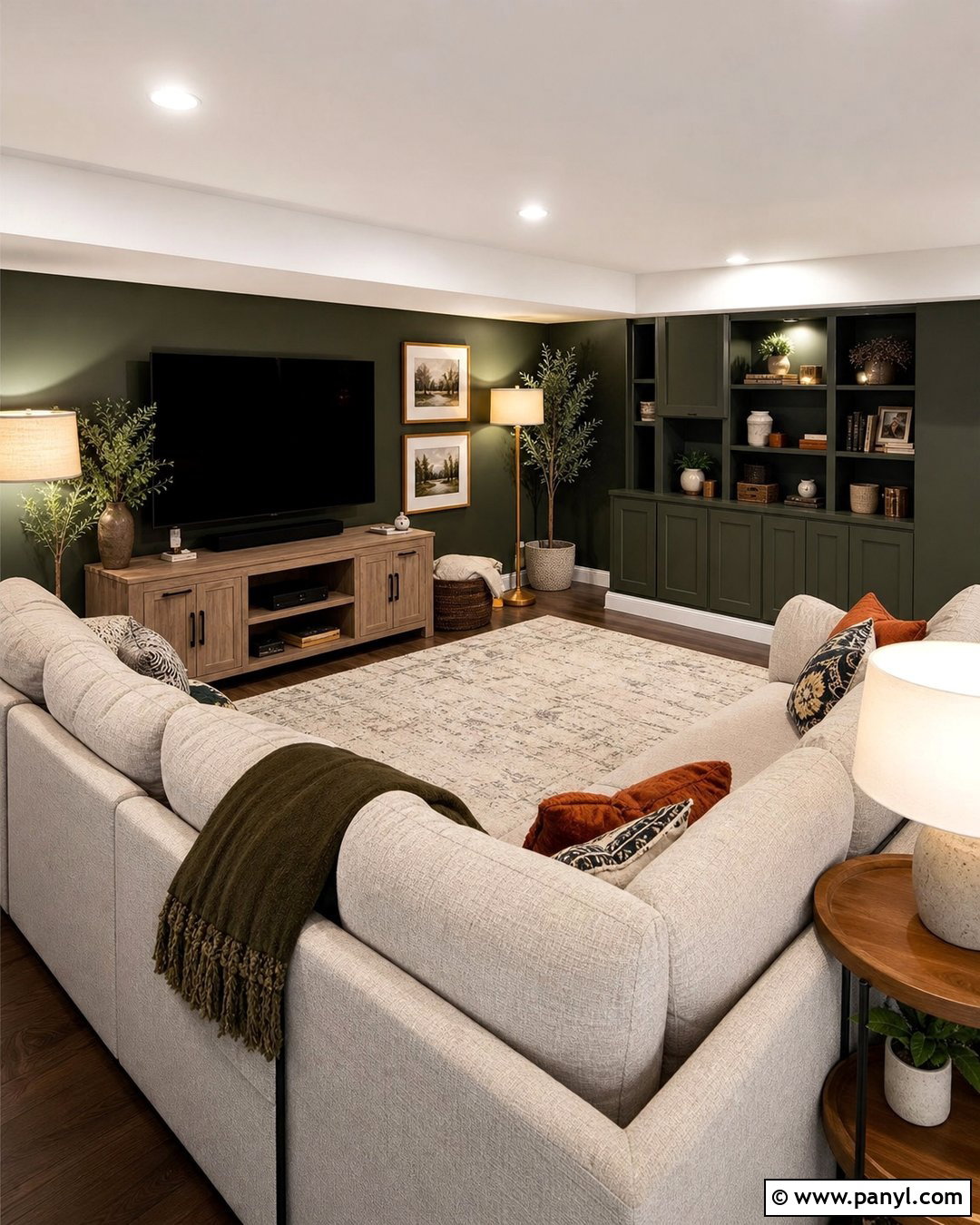 Dark Green Walls In A Basement Family Room - 35 Dark Green Painted Walls