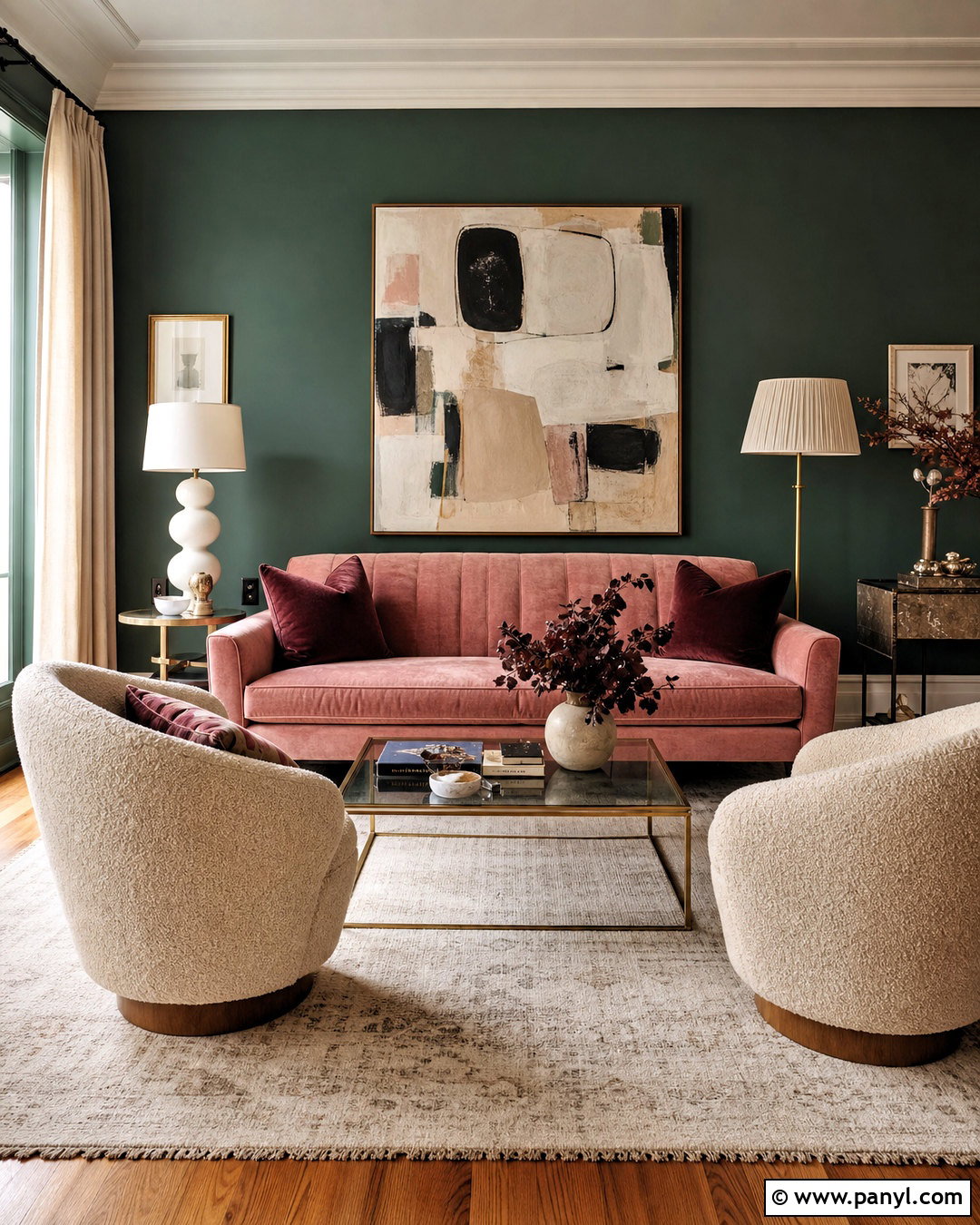 Dark Green Walls With Blush Pink Furniture - 20 dark green walls living room ideas