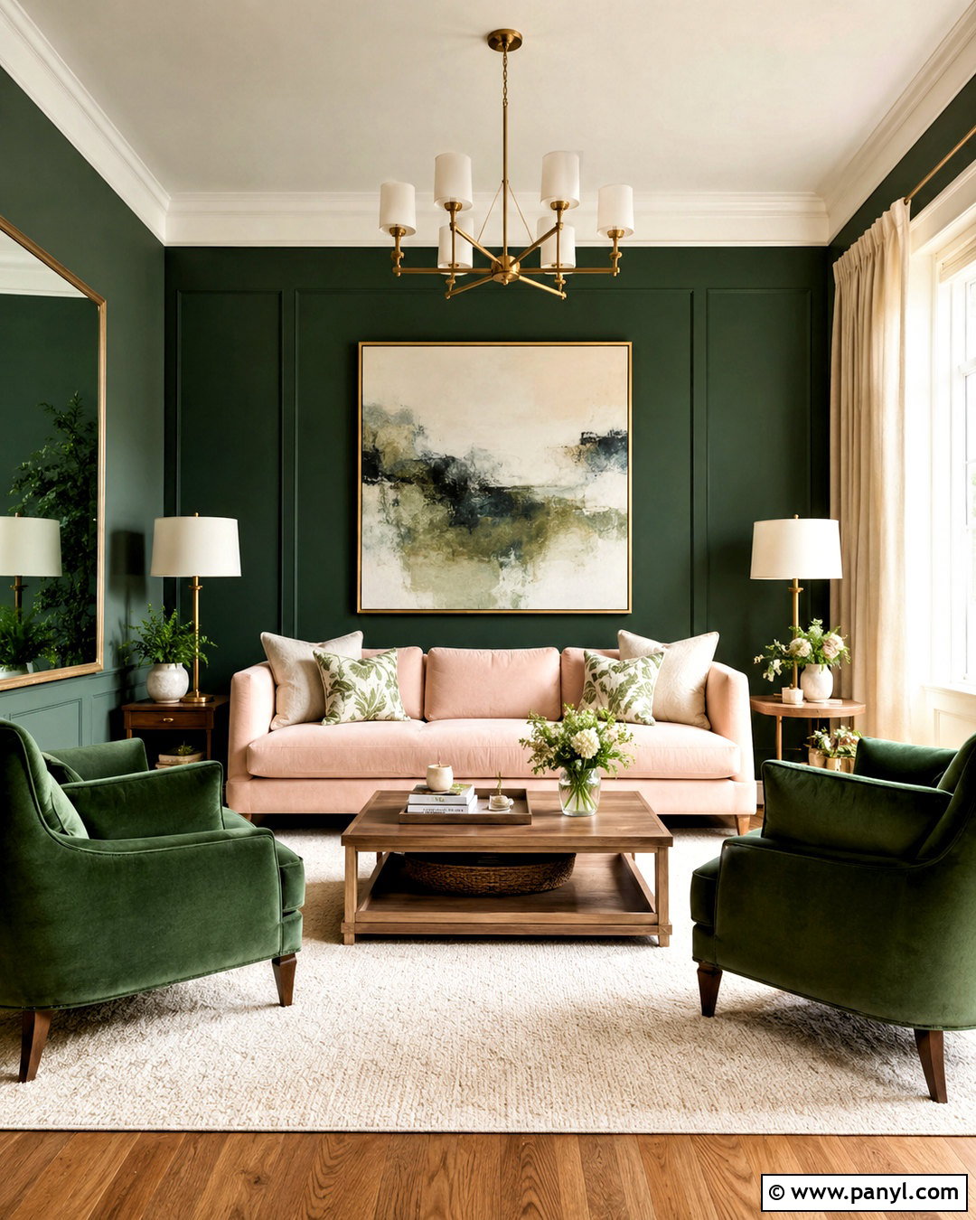 Dark Green Walls With Blush Pink Sofa - 20 dark green and pink living room ideas