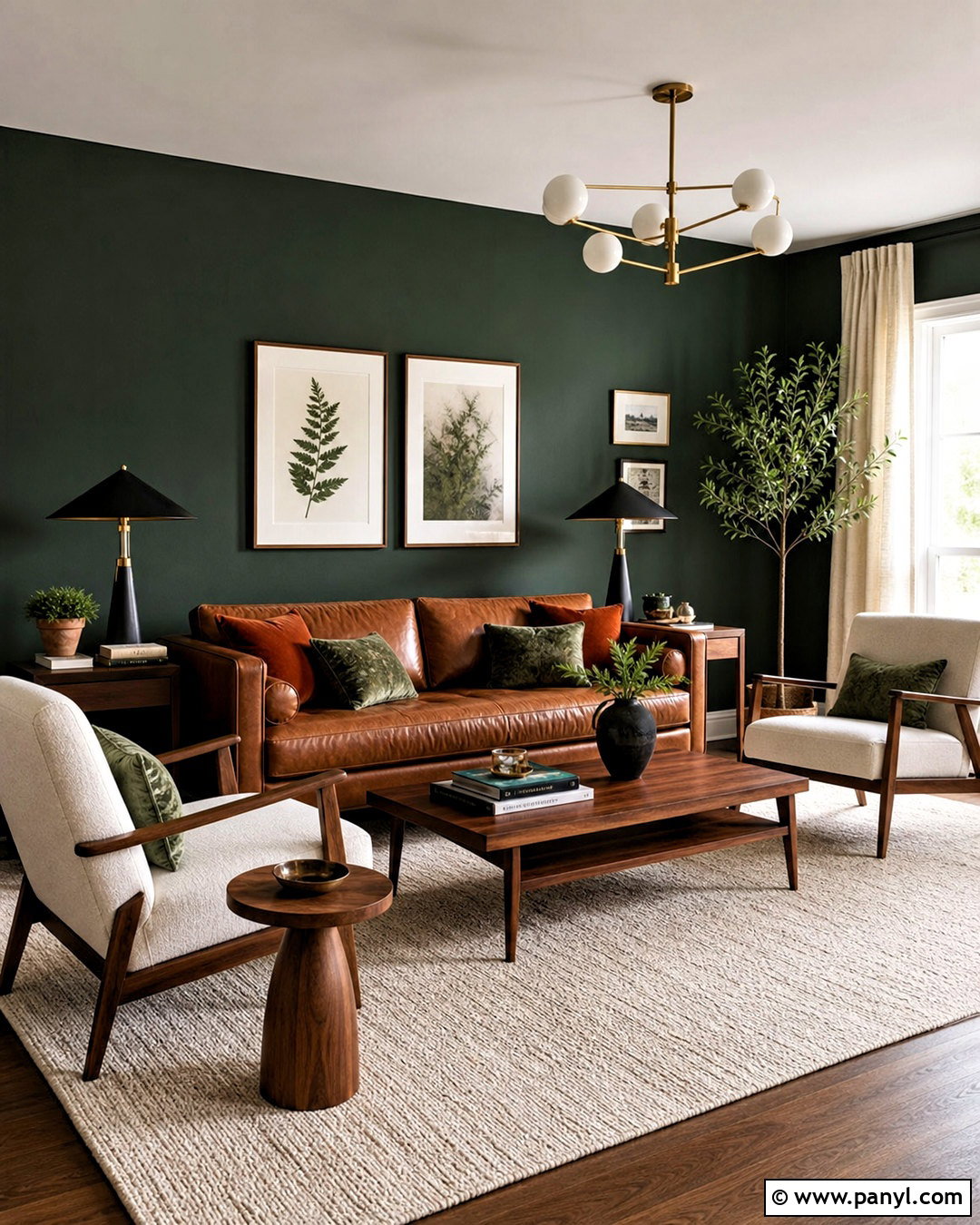 Dark Green Walls With Brown Leather Sofa - 20 dark green walls living room ideas