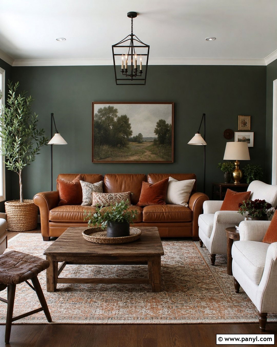 Dark Green Walls With Brown Leather Sofa - 35 Dark Green Painted Walls