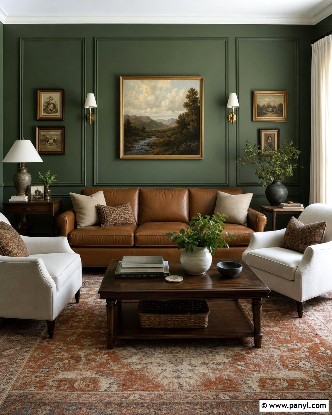 Dark Green Walls With Cognac Leather - 45 dark green walls