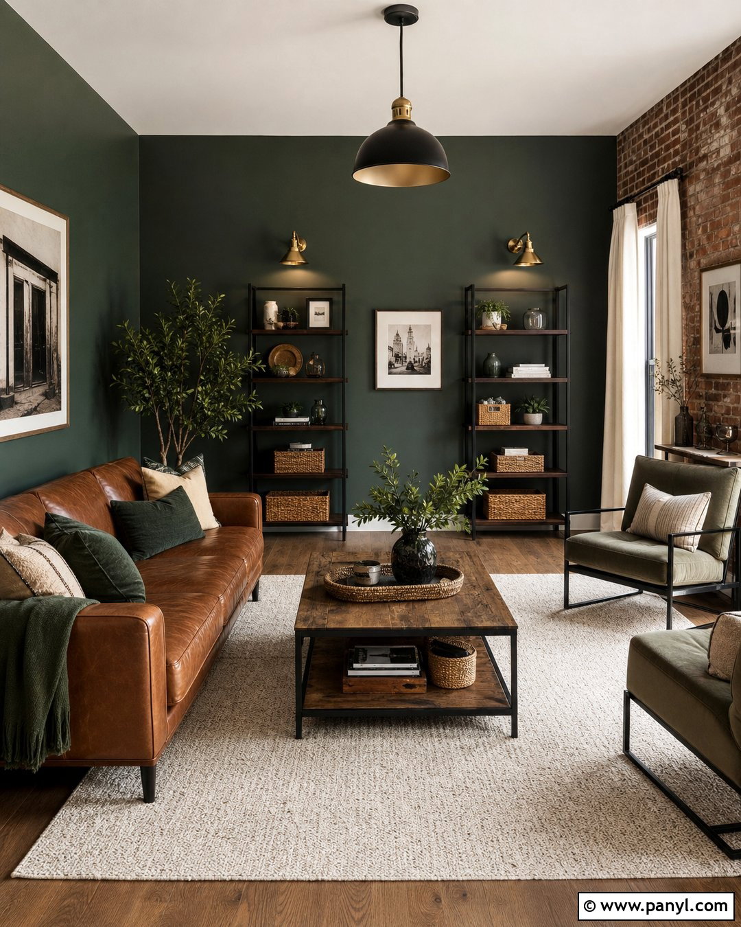 Dark Green Walls With Exposed Brick - 35 Dark Green Painted Walls