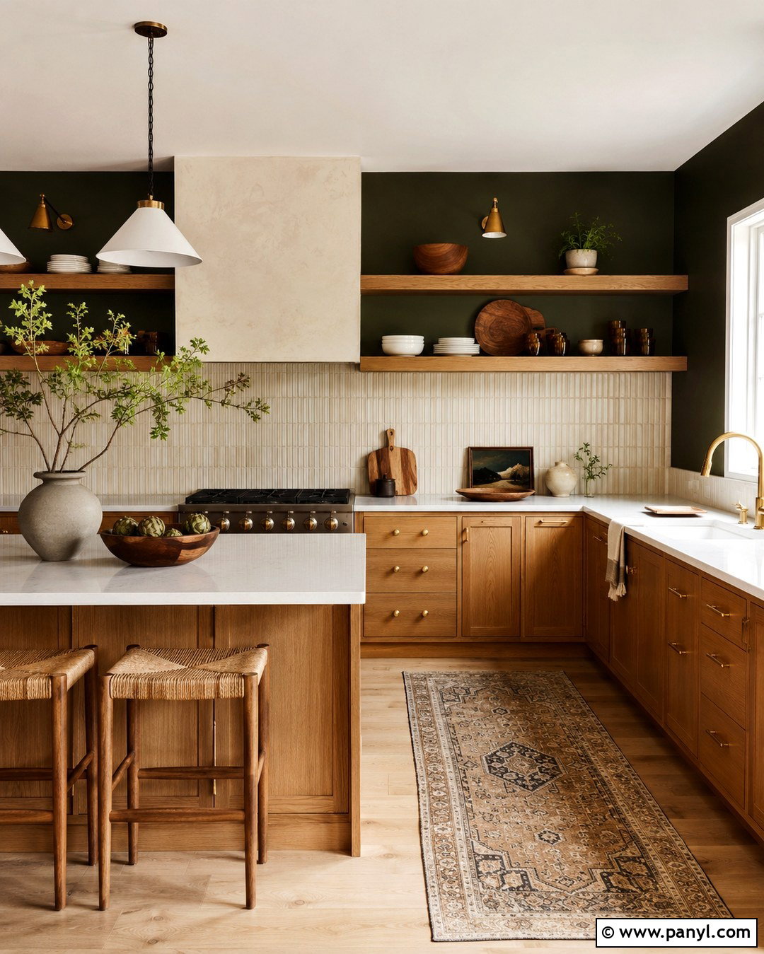Dark Green Walls With Oak Open Shelves - 20 Dark Green Kitchen Walls Oak Cabinets