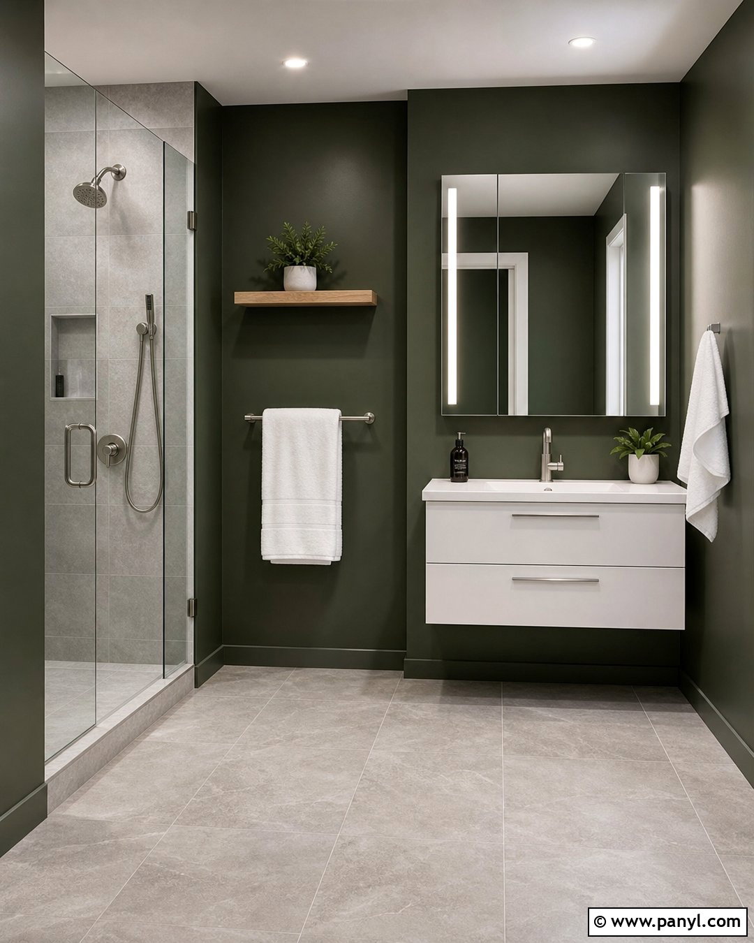 Dark Green Walls With Pale Gray Porcelain Tiles - 20 Grey Tiles Green Walls
