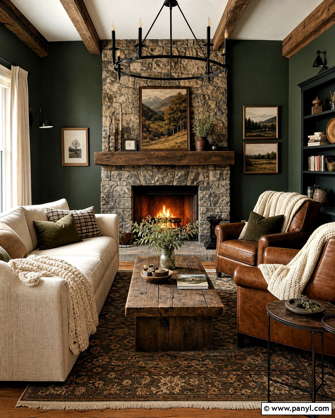 Dark Green Walls With Stone Fireplace - 20 dark green walls living room ideas
