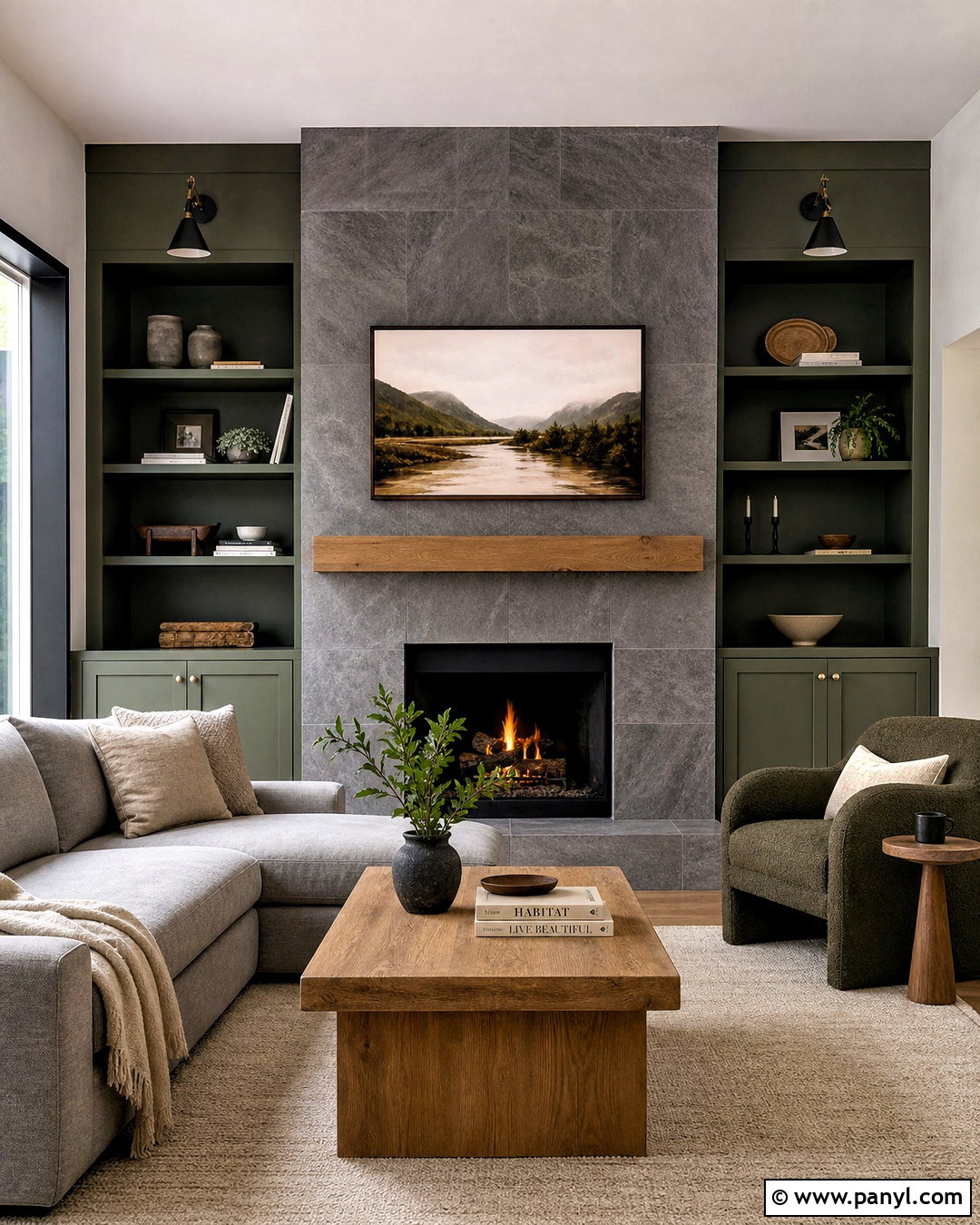 Dark Green and Grey Fireplace Living Room - 20 dark green and grey living room ideas