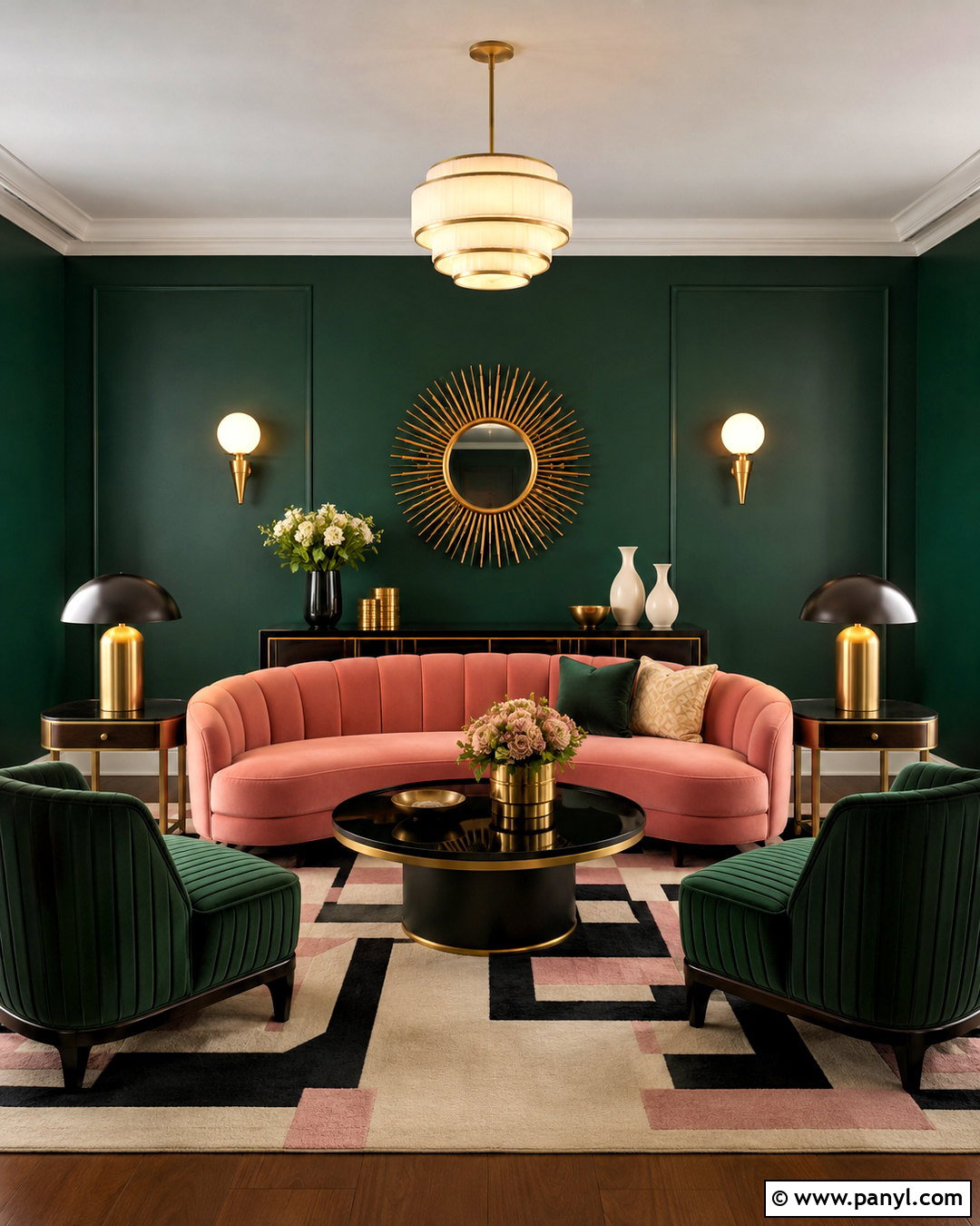 Dark Green and Pink Art Deco Living Room - 20 dark green and pink living room ideas