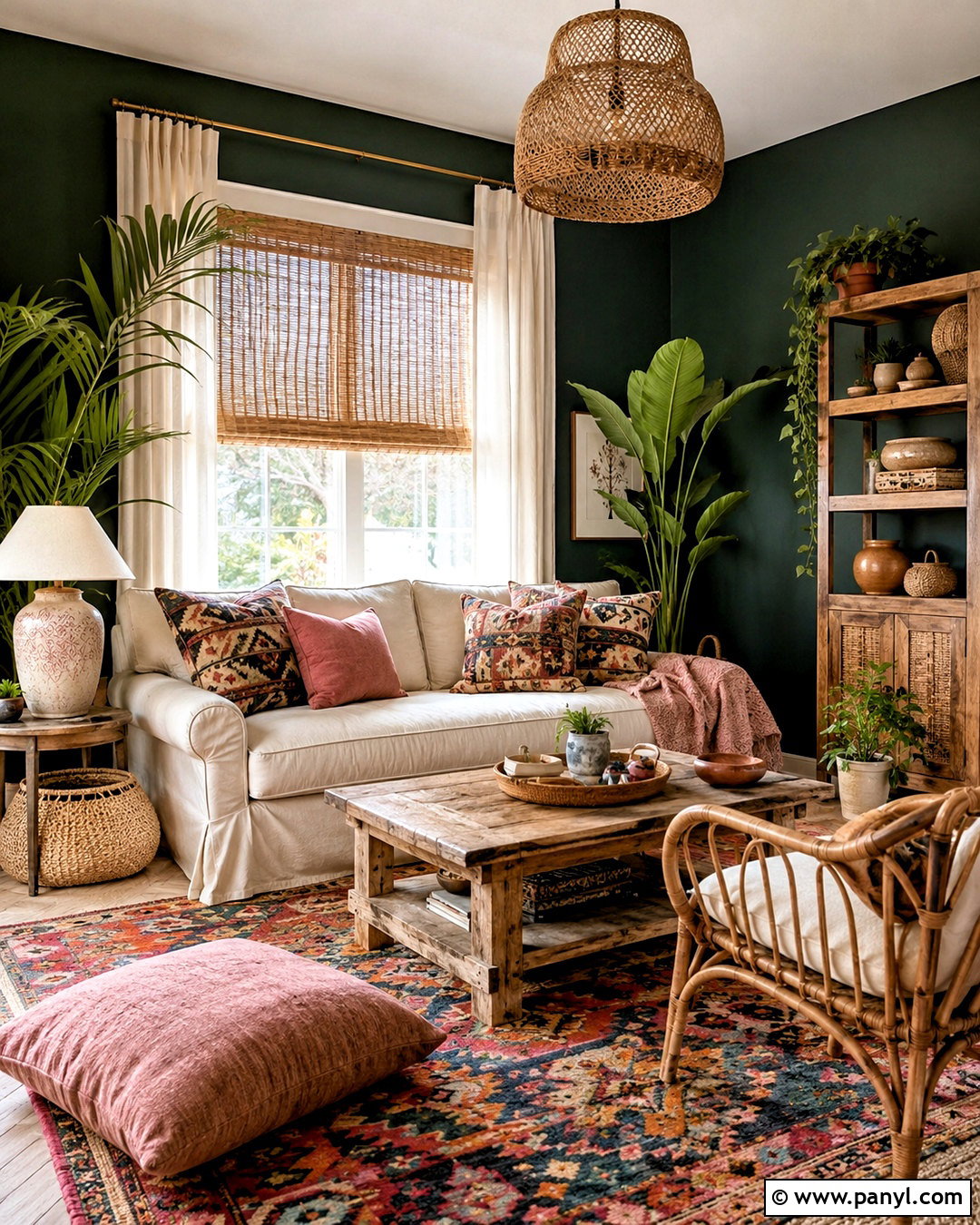 Dark Green and Pink Boho Living Room - 20 dark green and pink living room ideas