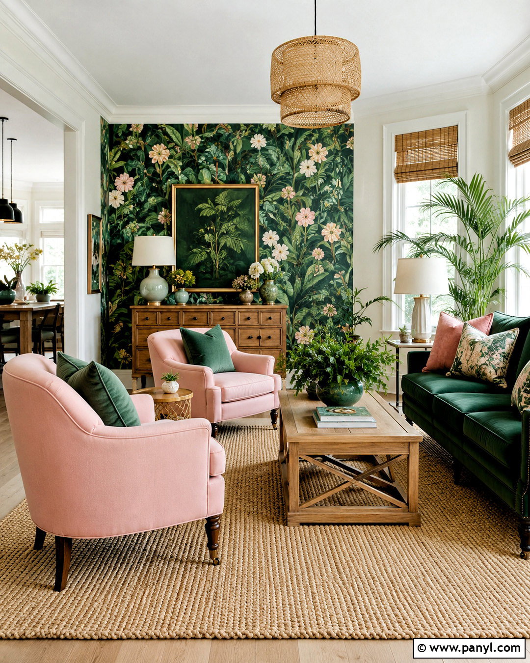Dark Green and Pink Botanical Living Room - 20 dark green and pink living room ideas