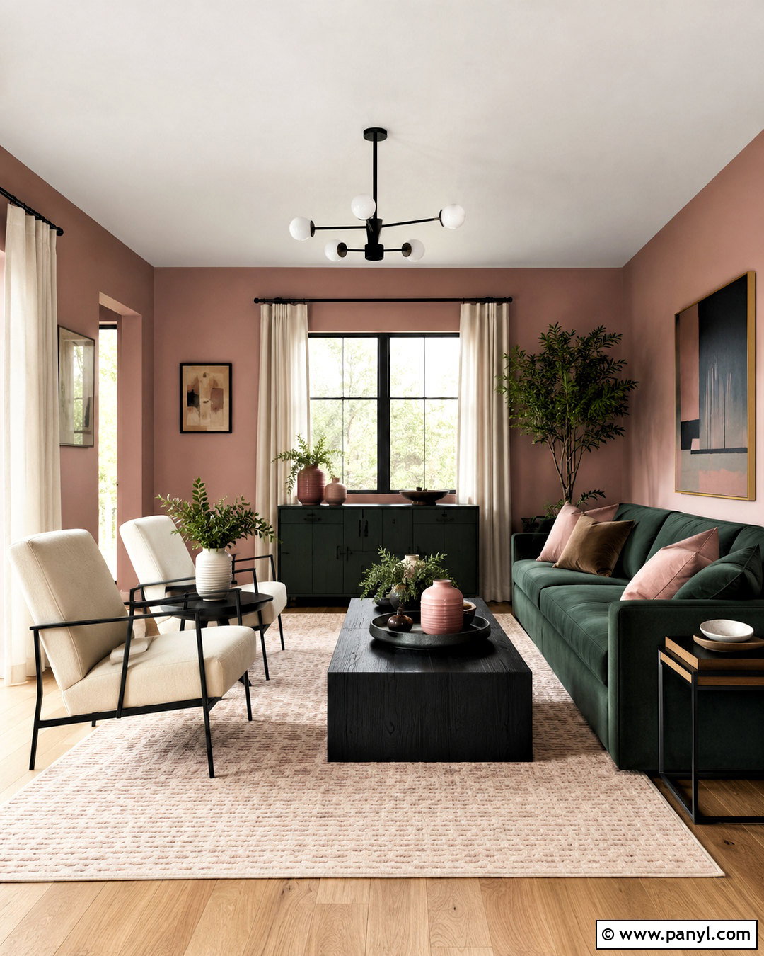 Dark Green and Pink Living Room With Black Accents - 20 dark green and pink living room ideas